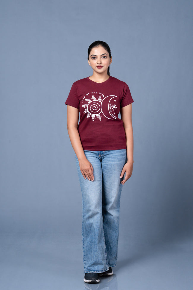 Women Maroon Printed Cotton Regular T-Shirt