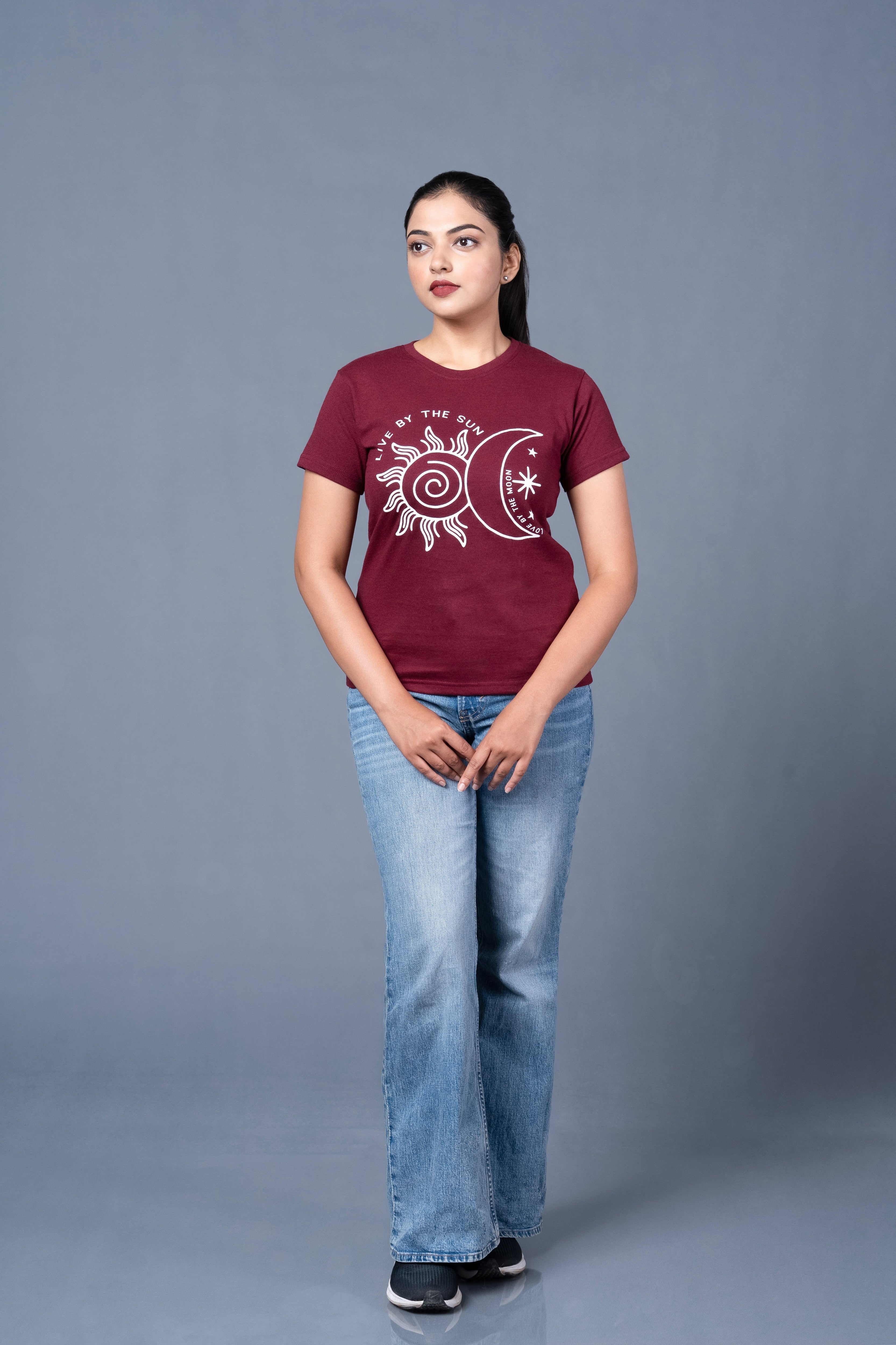 Women Maroon Printed Cotton Regular T-Shirt