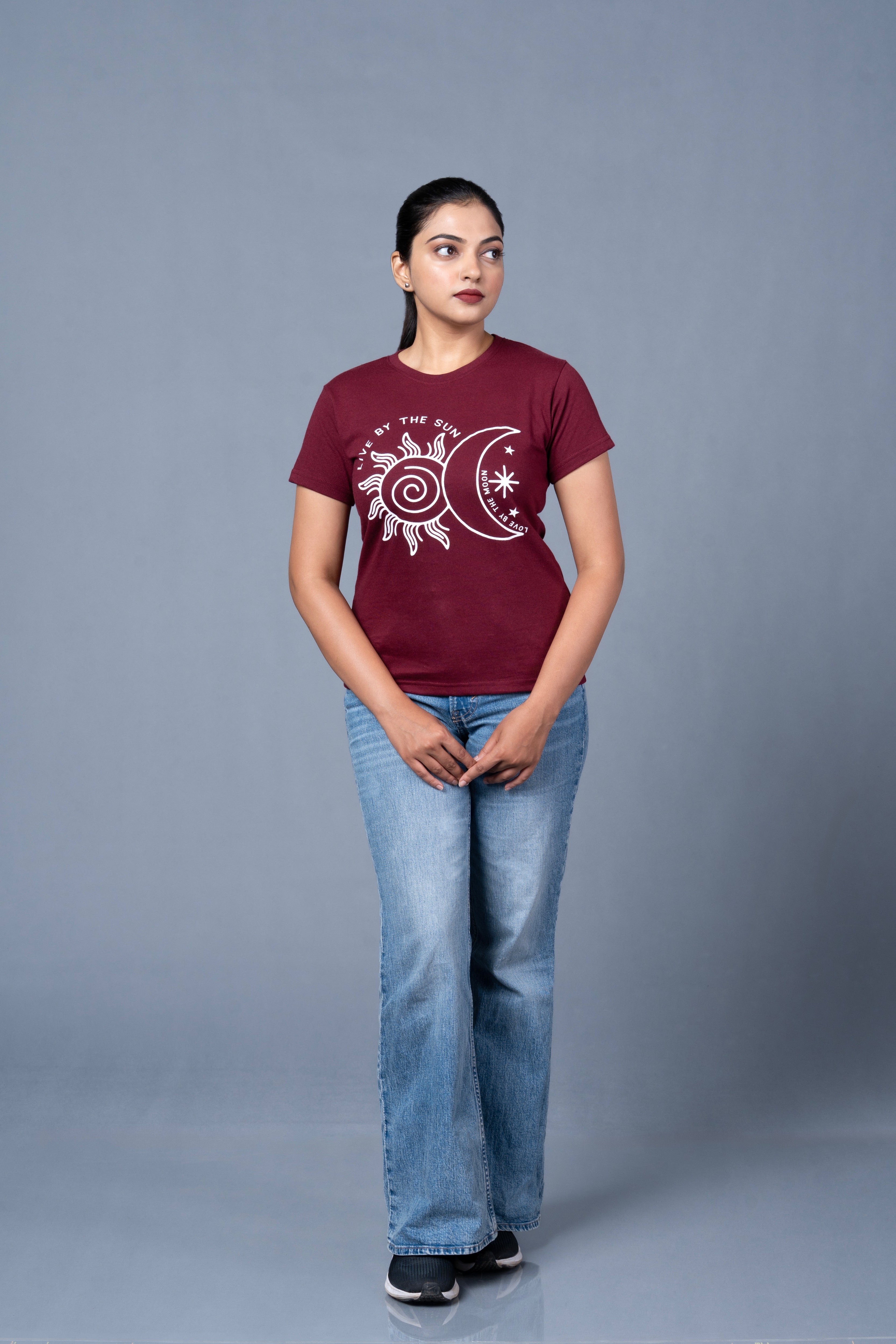 Women Maroon Printed Cotton Regular T-Shirt