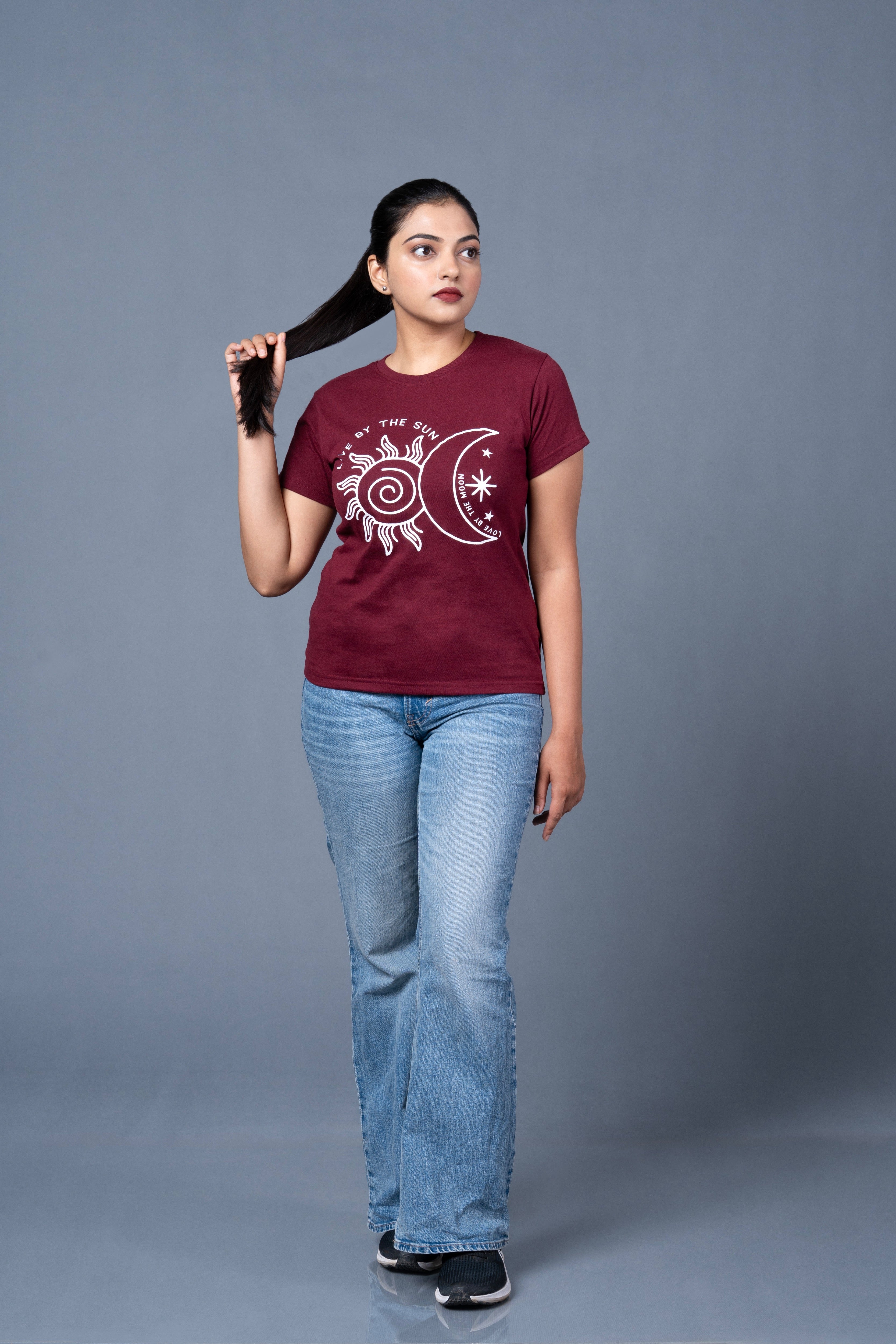 Women Maroon Printed Cotton Regular T-Shirt