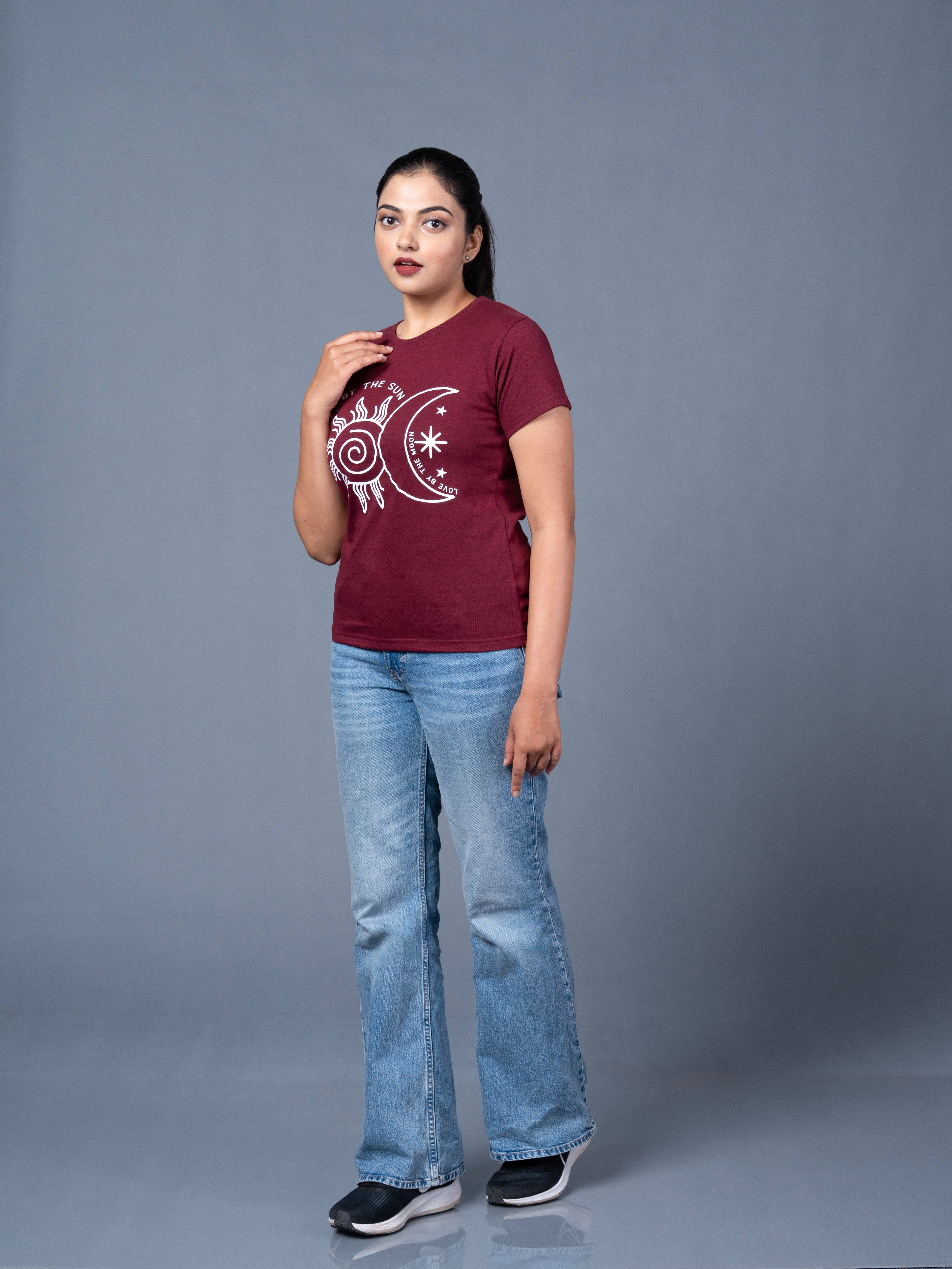 Women Maroon Printed Cotton Regular T-Shirt