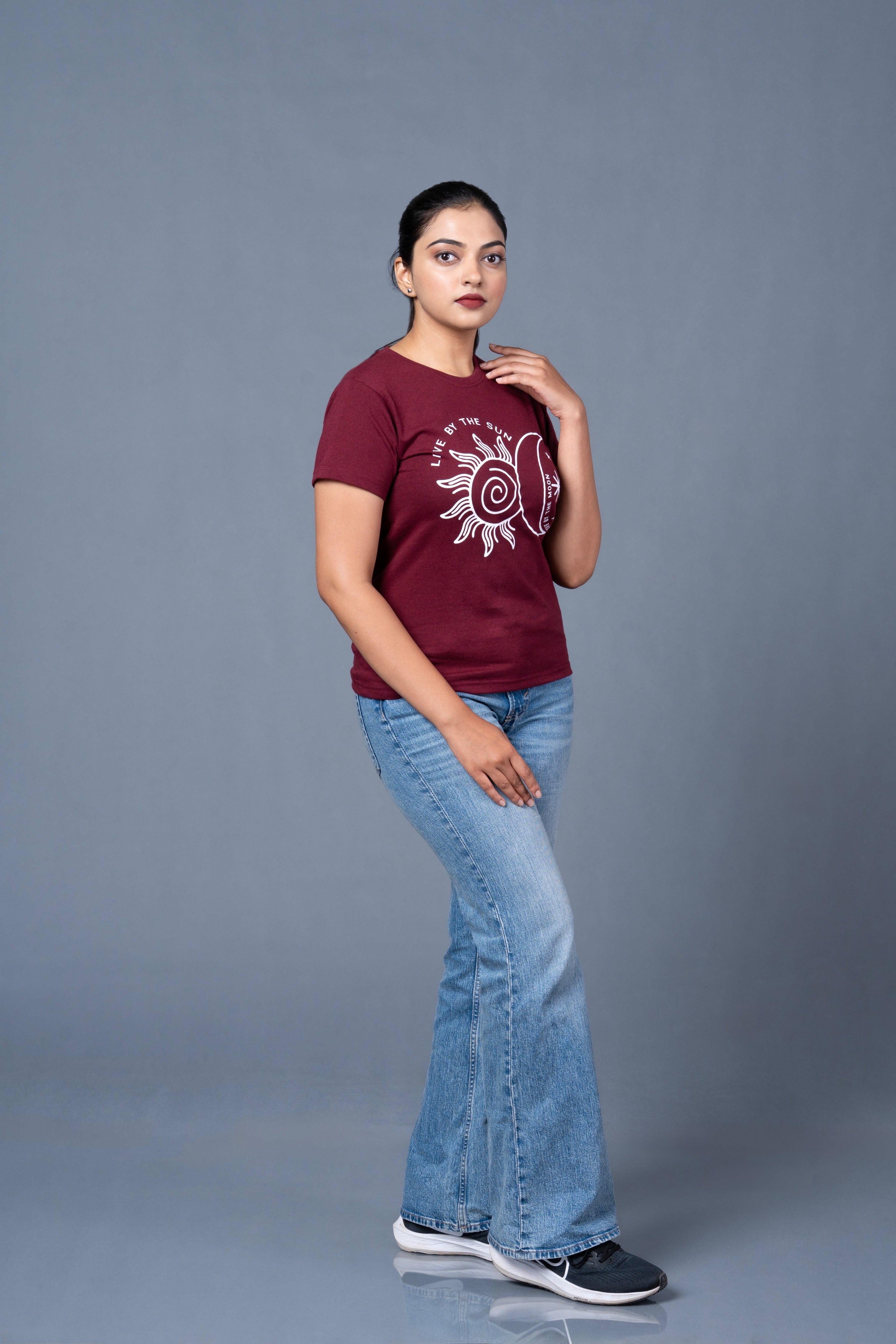 Women Maroon Printed Cotton Regular T-Shirt