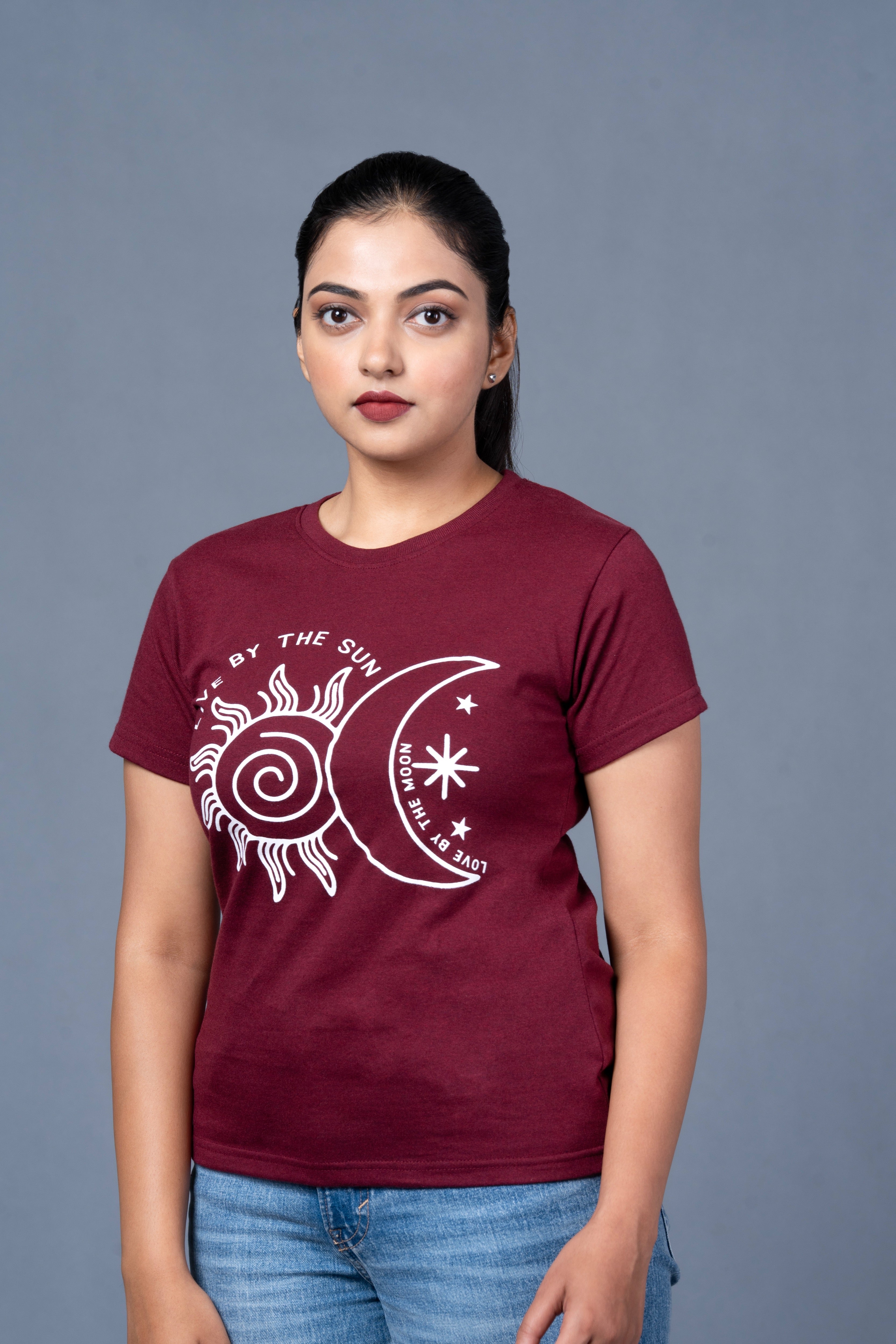 Women Maroon Printed Cotton Regular T-Shirt
