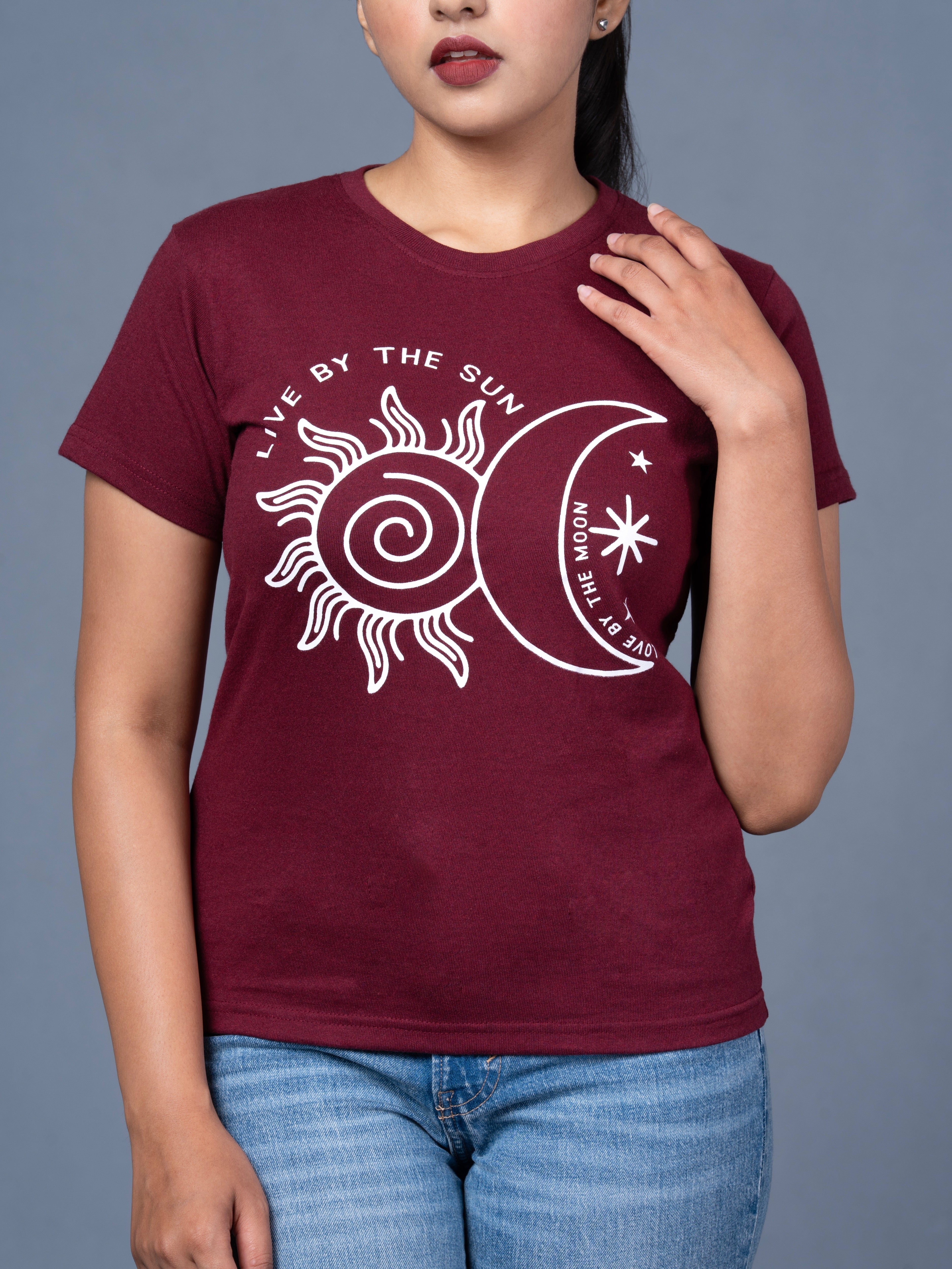 Women Maroon Printed Cotton Regular T-Shirt