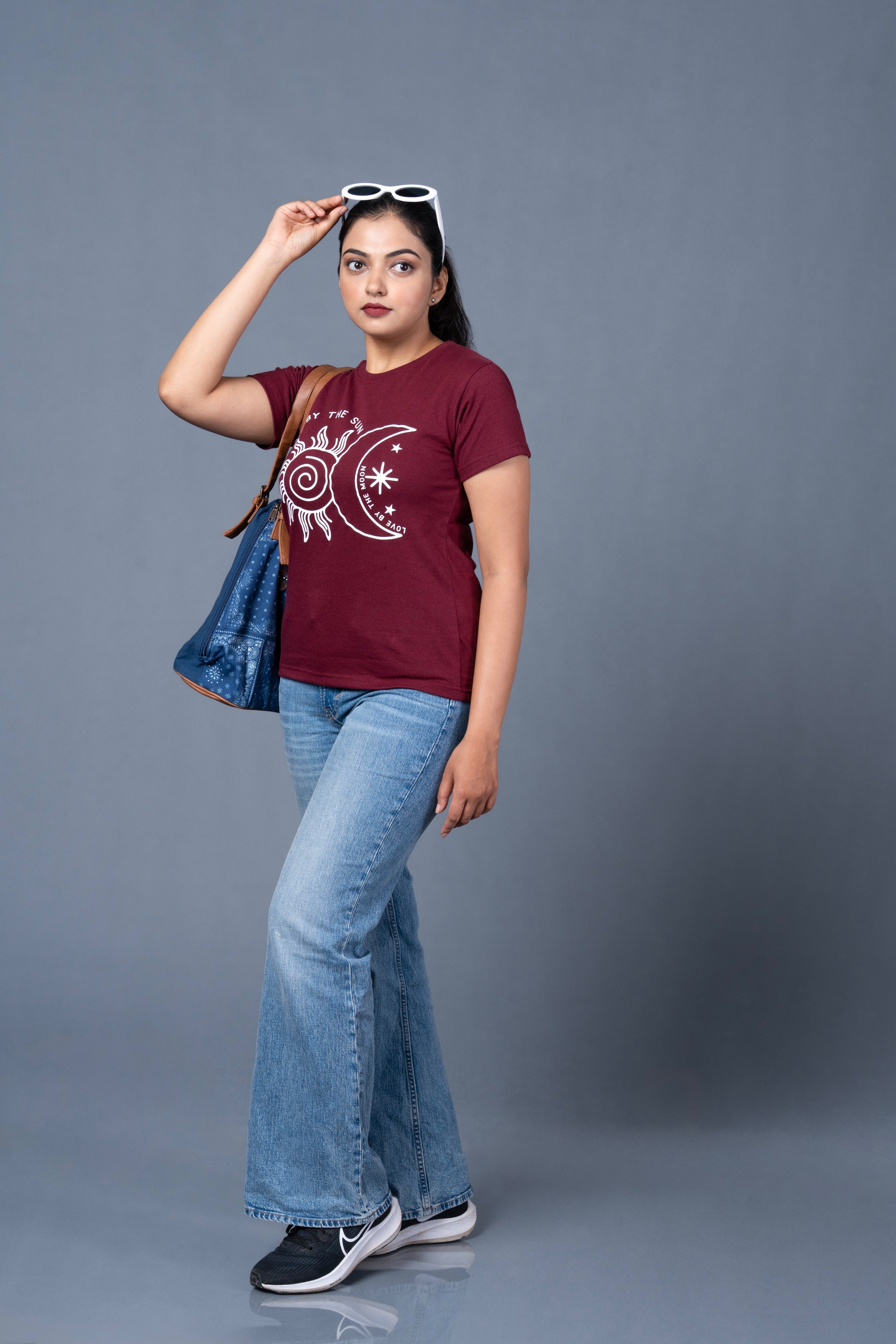Women Maroon Printed Cotton Regular T-Shirt