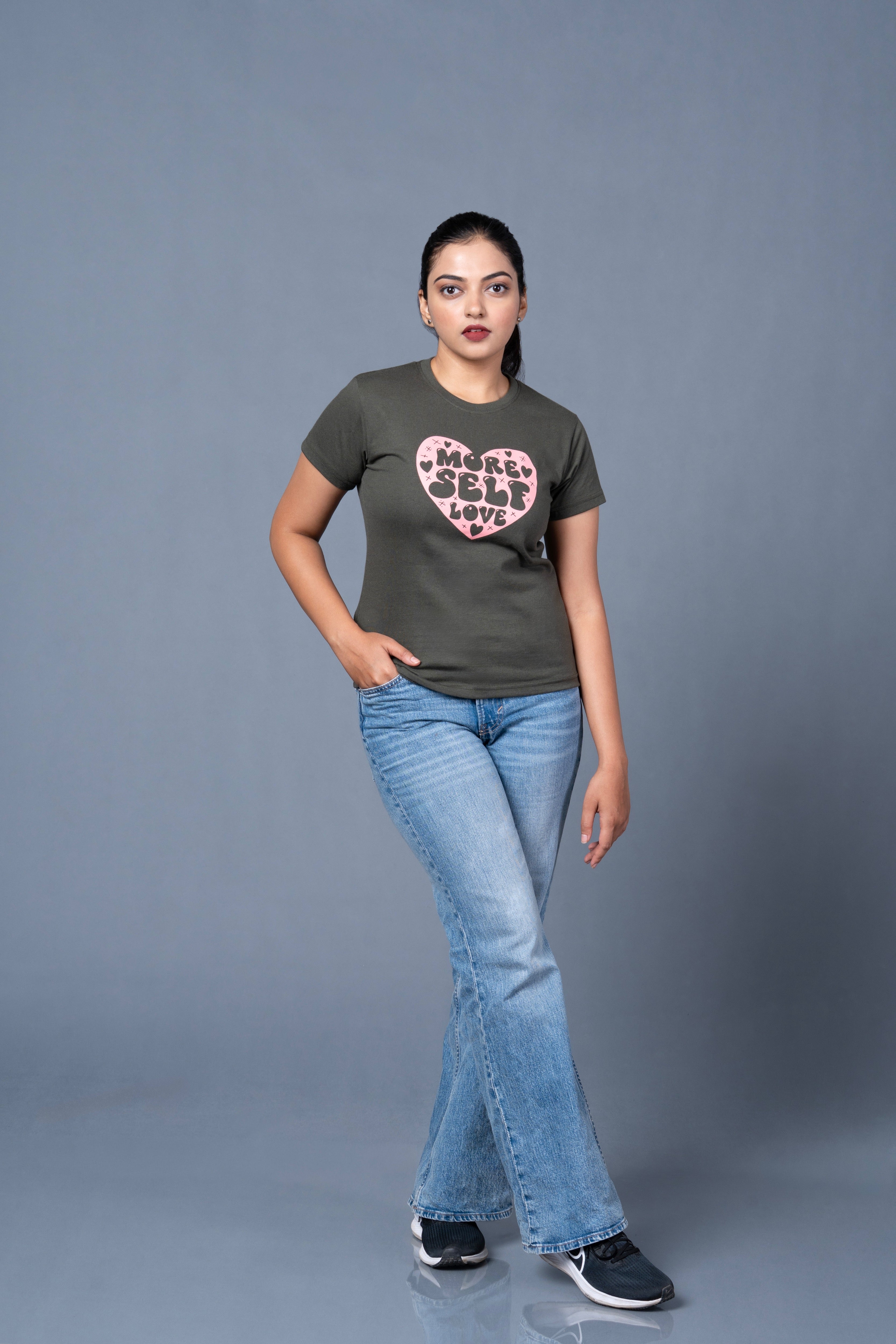 Women Olive Printed Cotton Regular T-Shirt