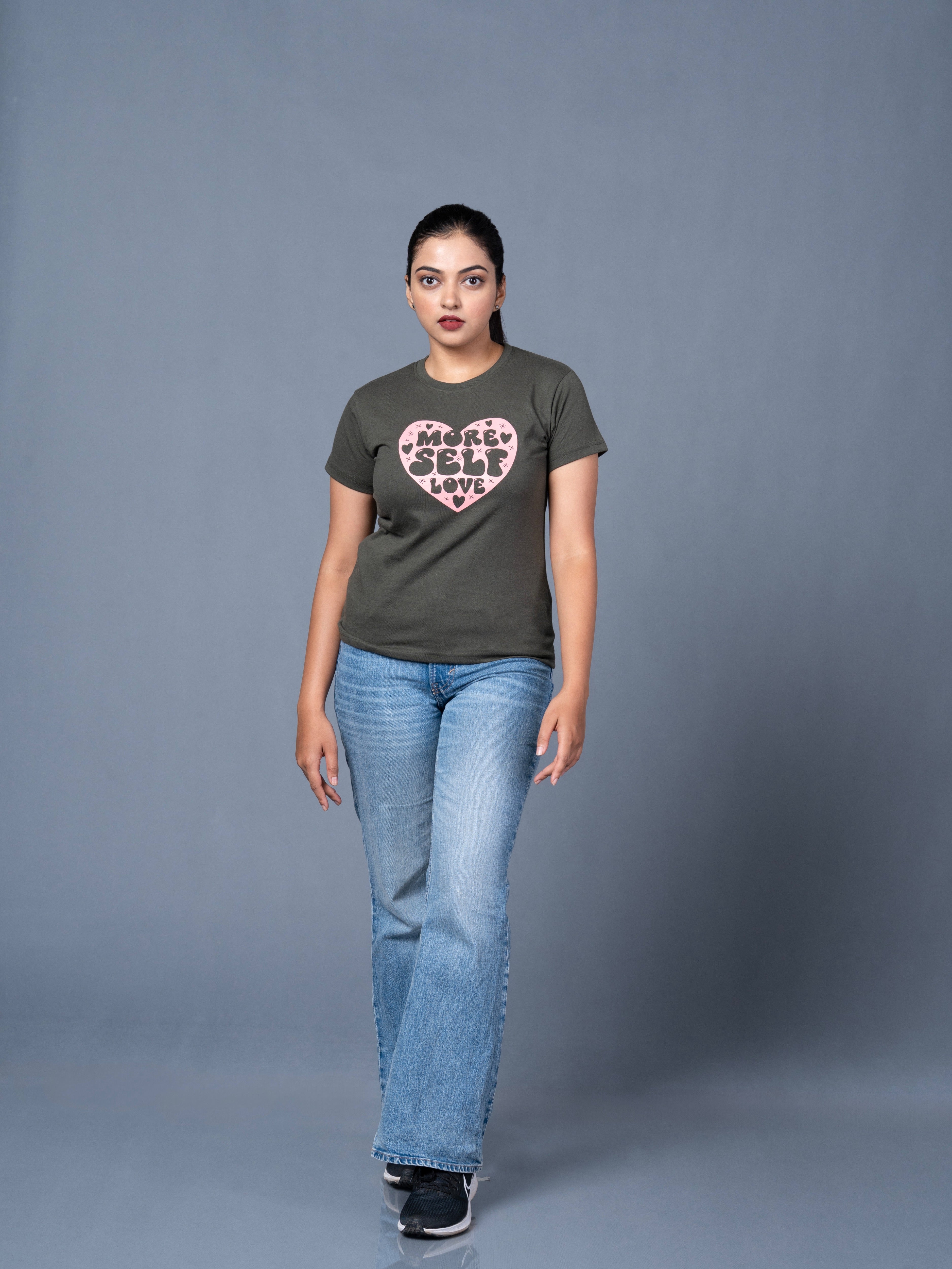 Women Olive Printed Cotton Regular T-Shirt