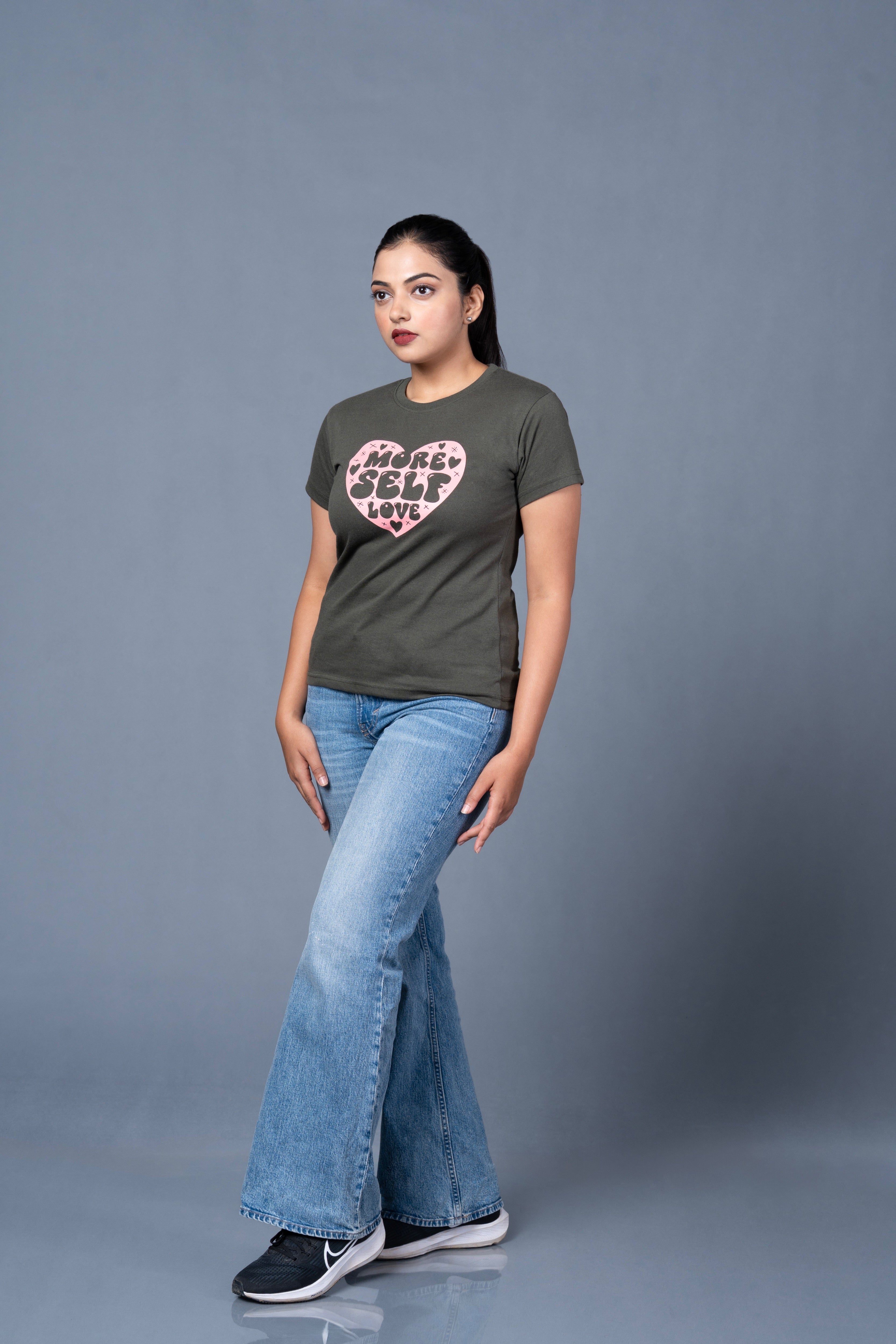 Women Olive Printed Cotton Regular T-Shirt