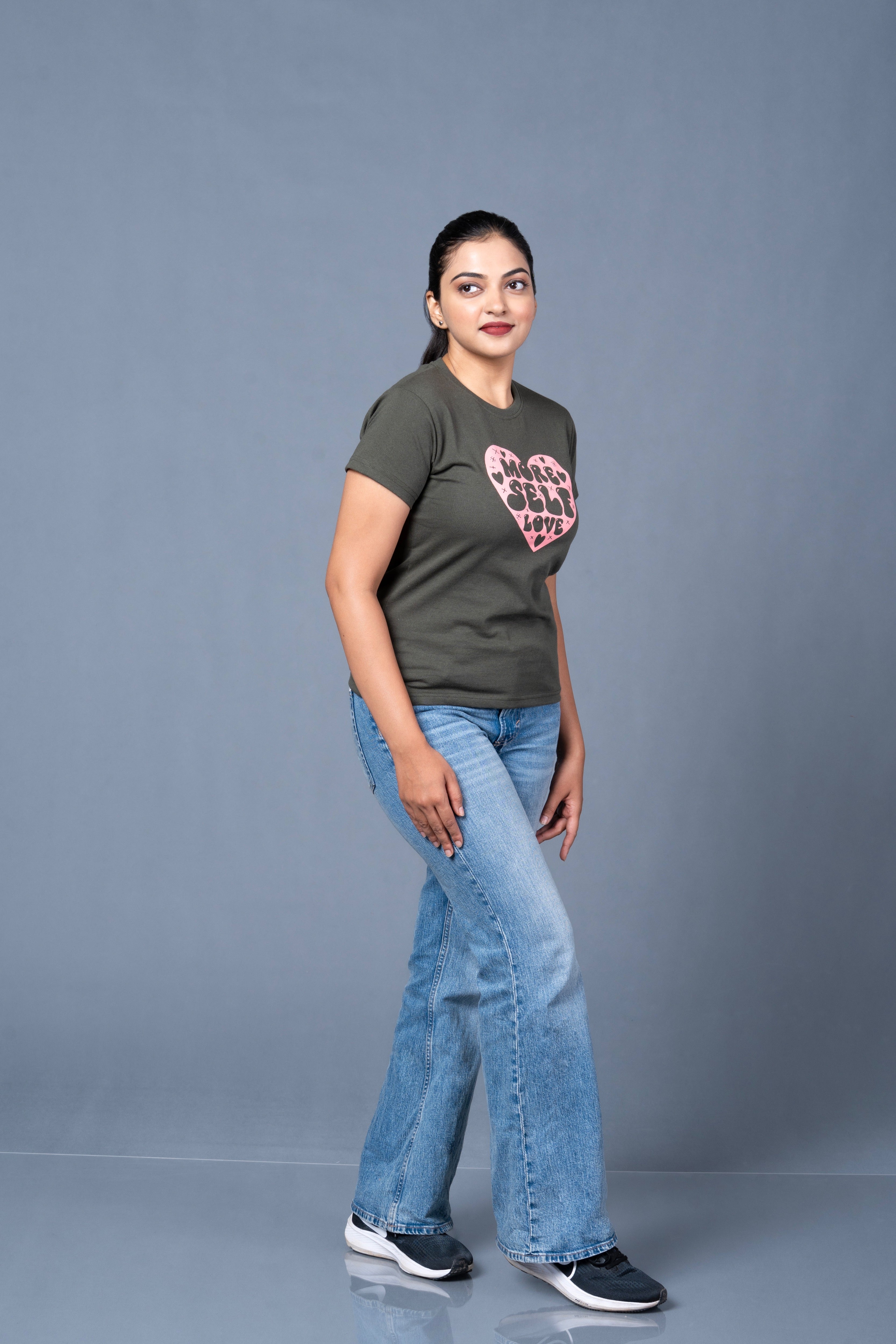 Women Olive Printed Cotton Regular T-Shirt