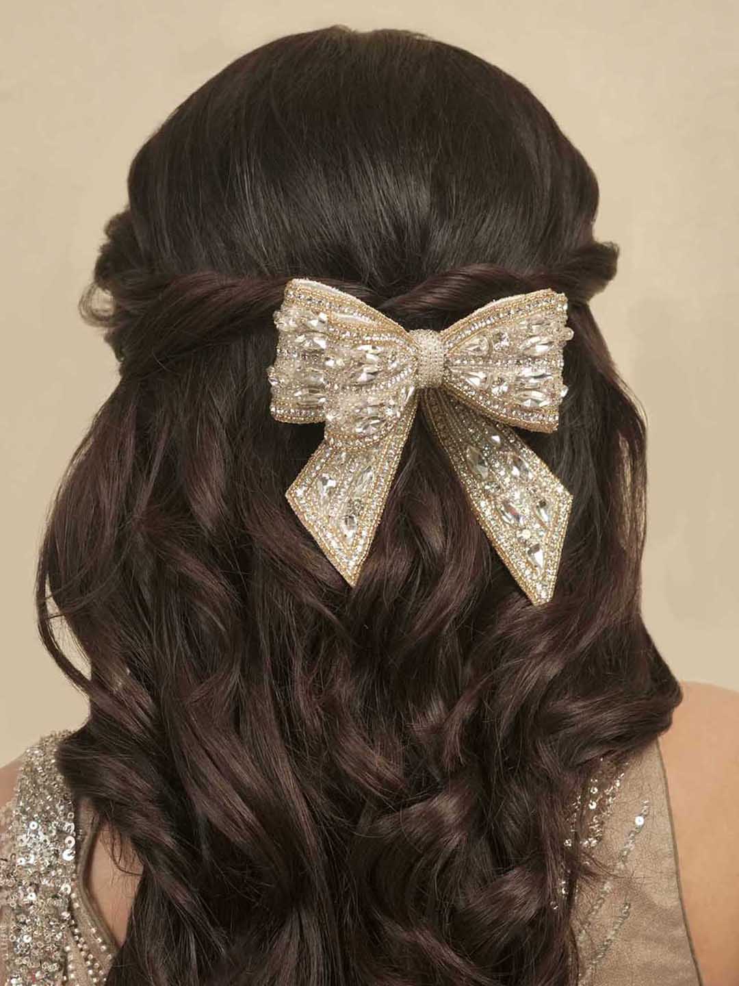 Gold Embellished Crystal Hair Bow Barrette Clip