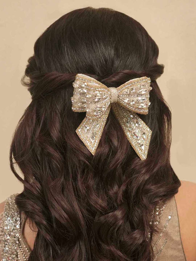 Gold Embellished Crystal Hair Bow Barrette Clip