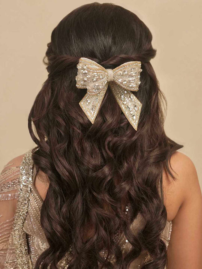 Gold Embellished Crystal Hair Bow Barrette Clip