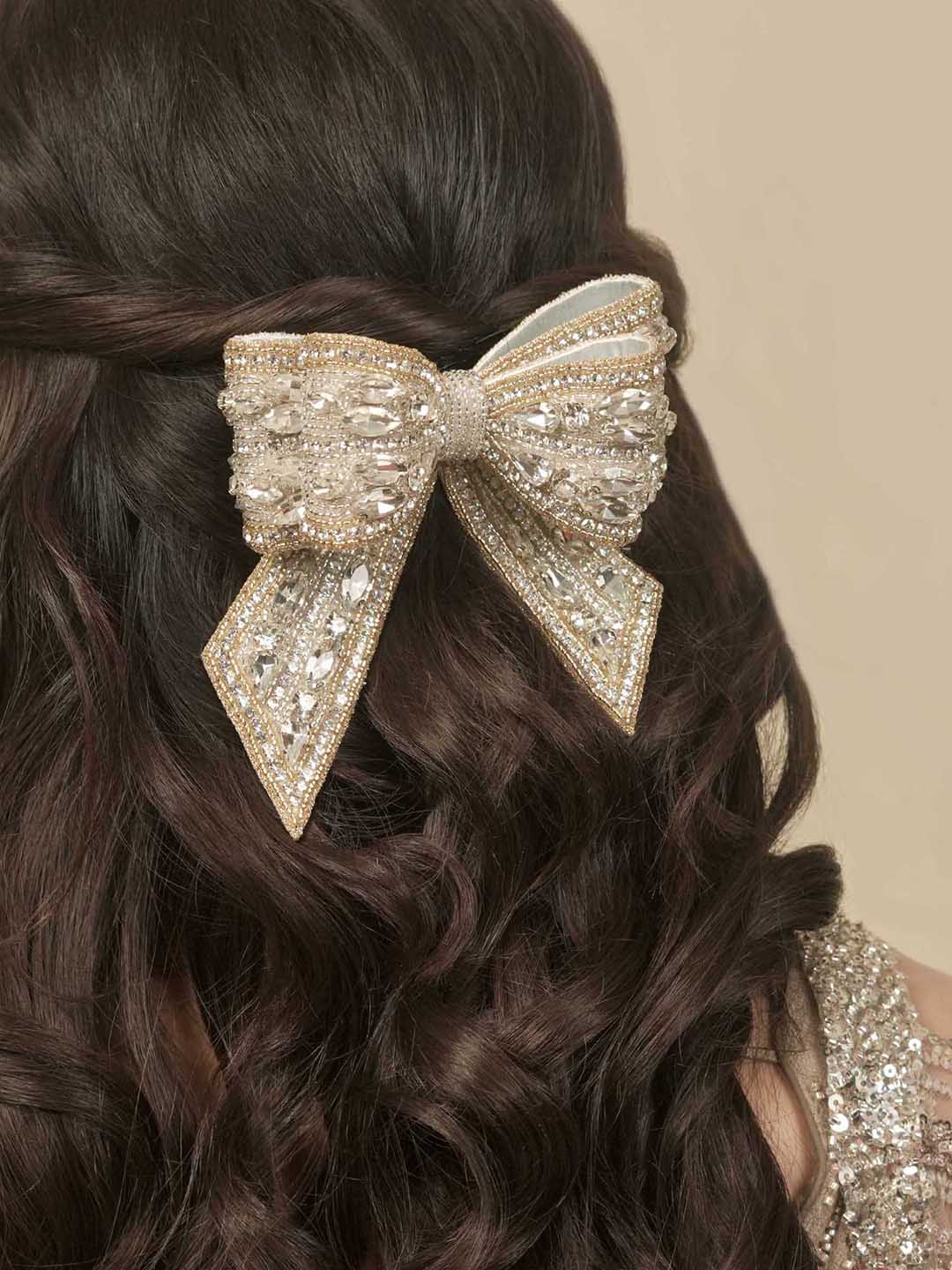 Gold Embellished Crystal Hair Bow Barrette Clip