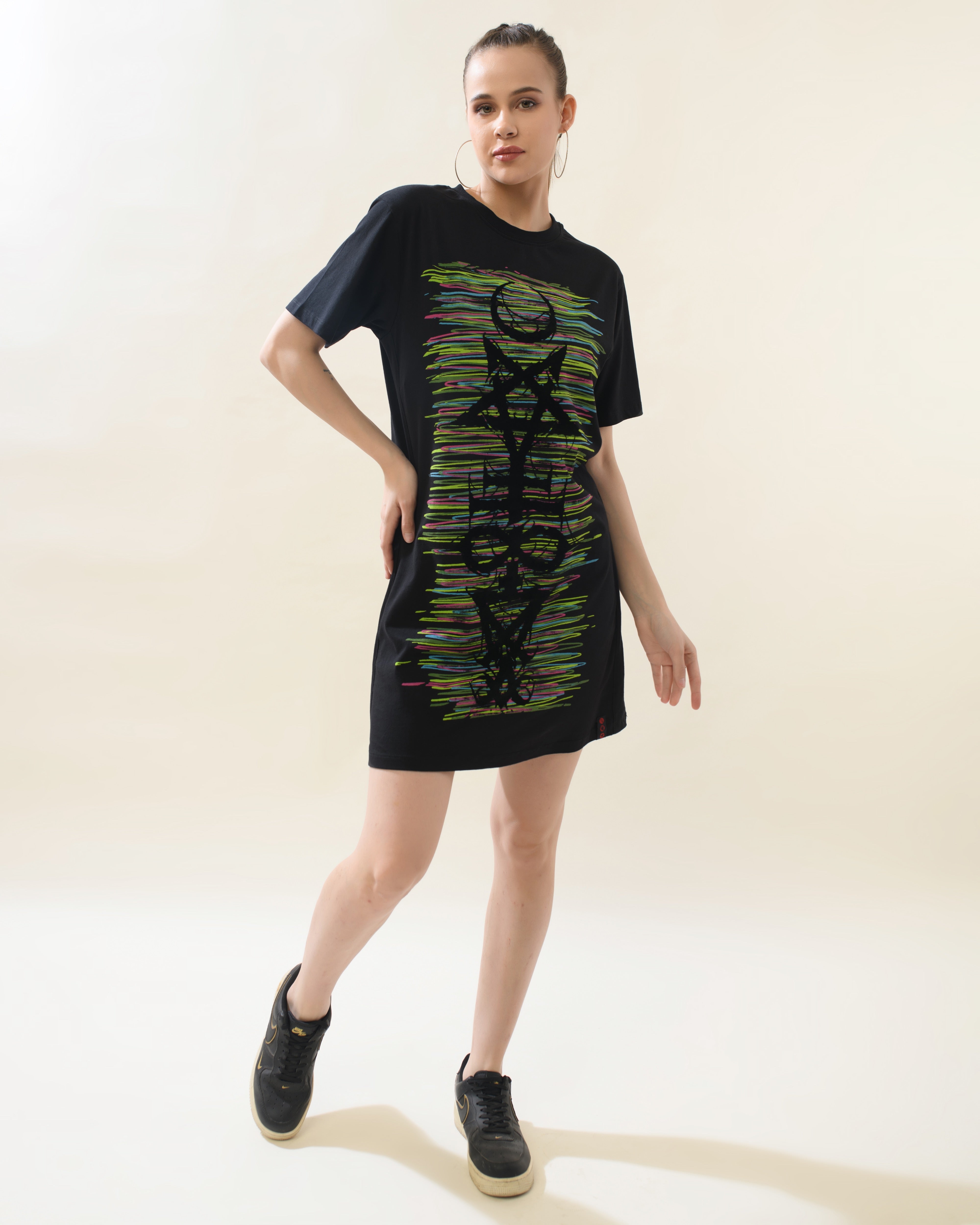 Women Black Cotton Round Neck Dress