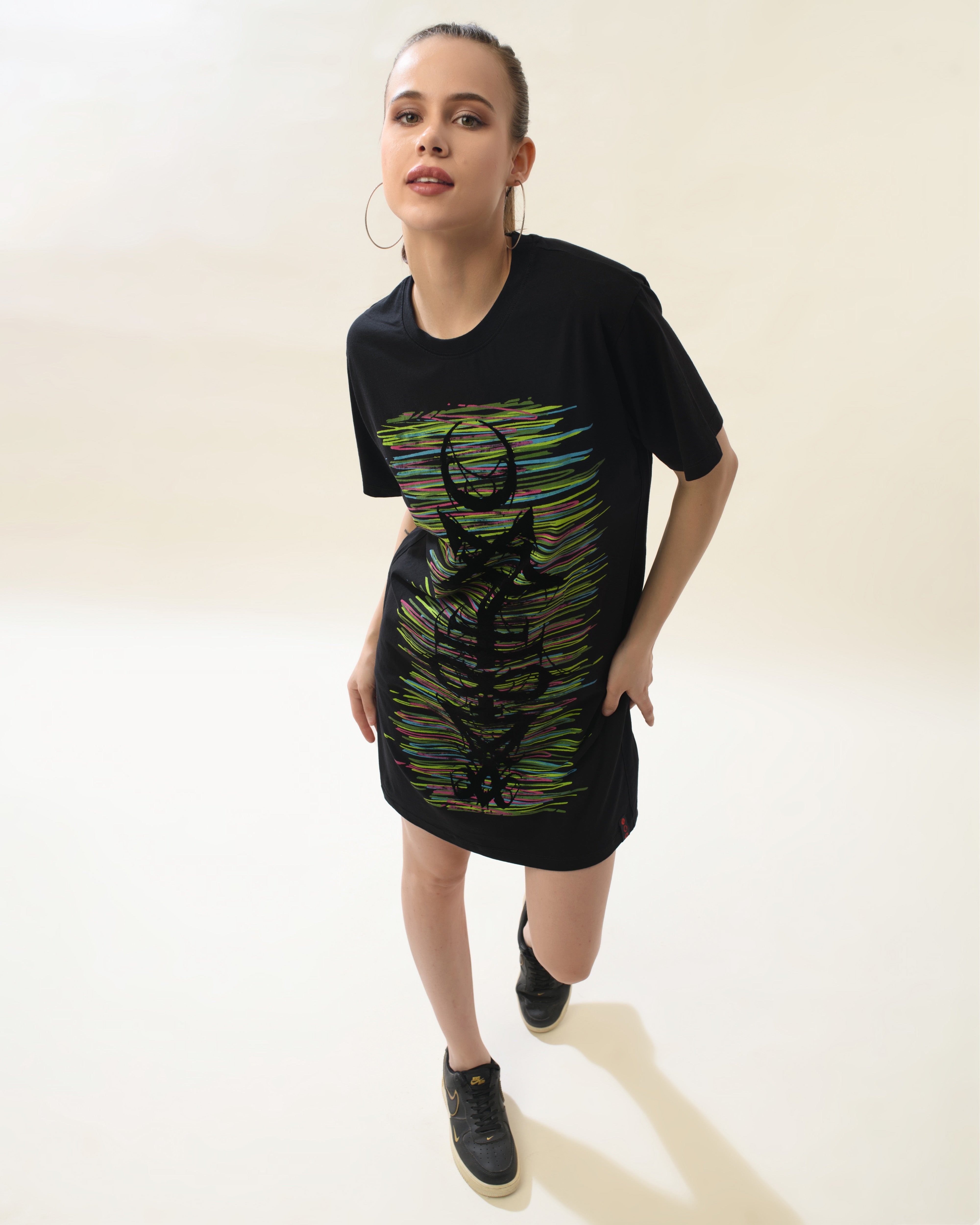 Women Black Cotton Round Neck Dress