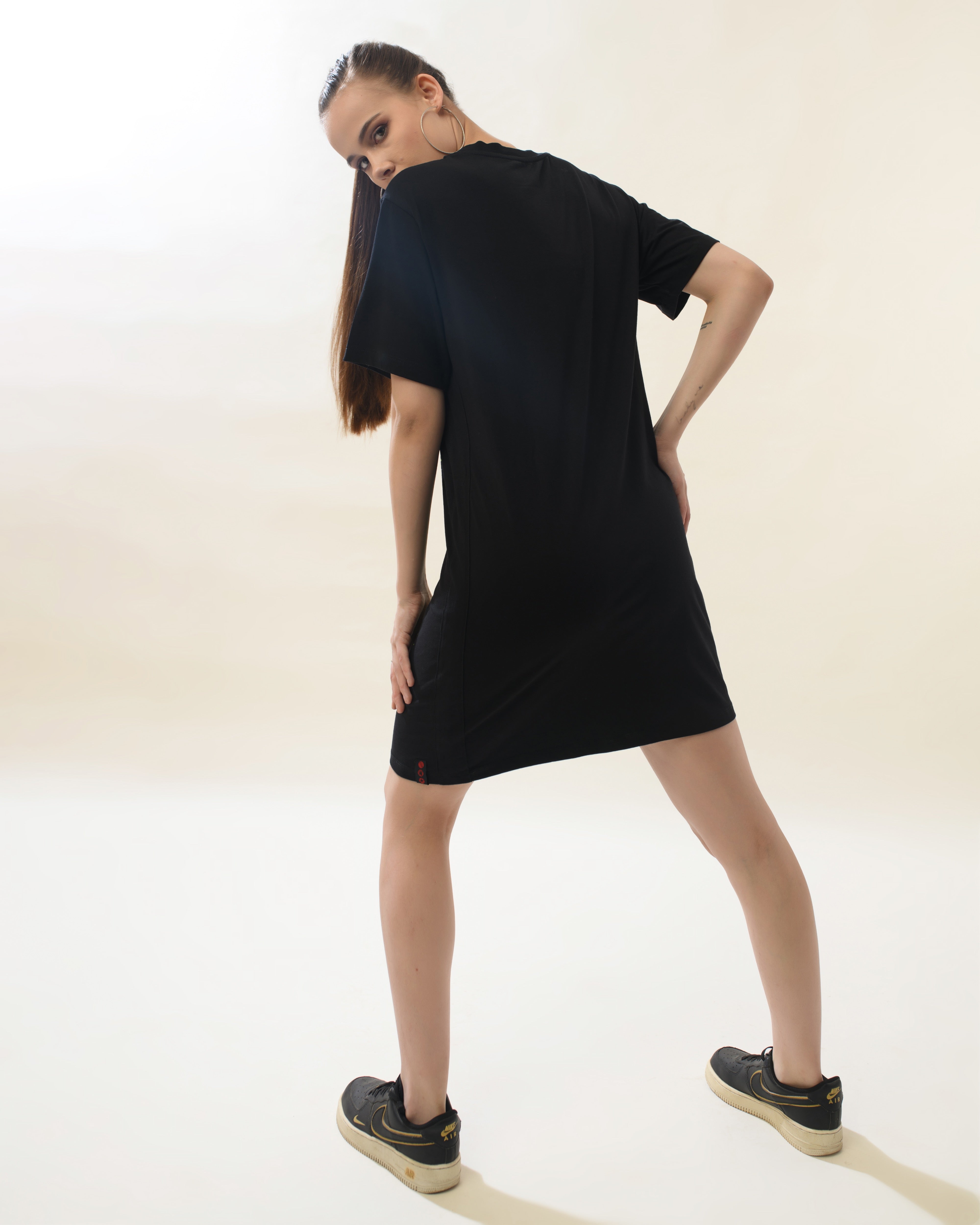 Women Black Cotton Round Neck Dress