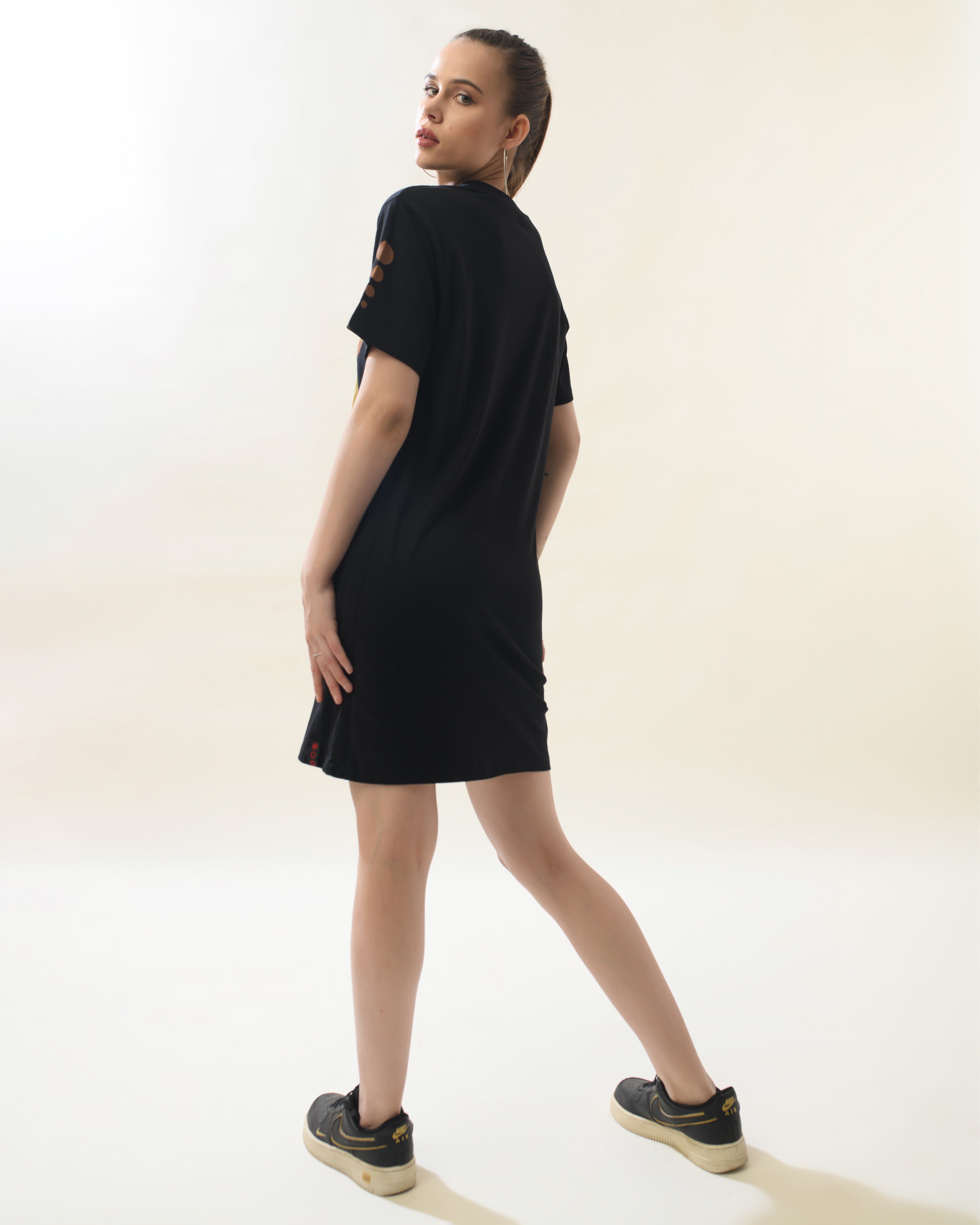 Women Black Cotton Round Neck Dress
