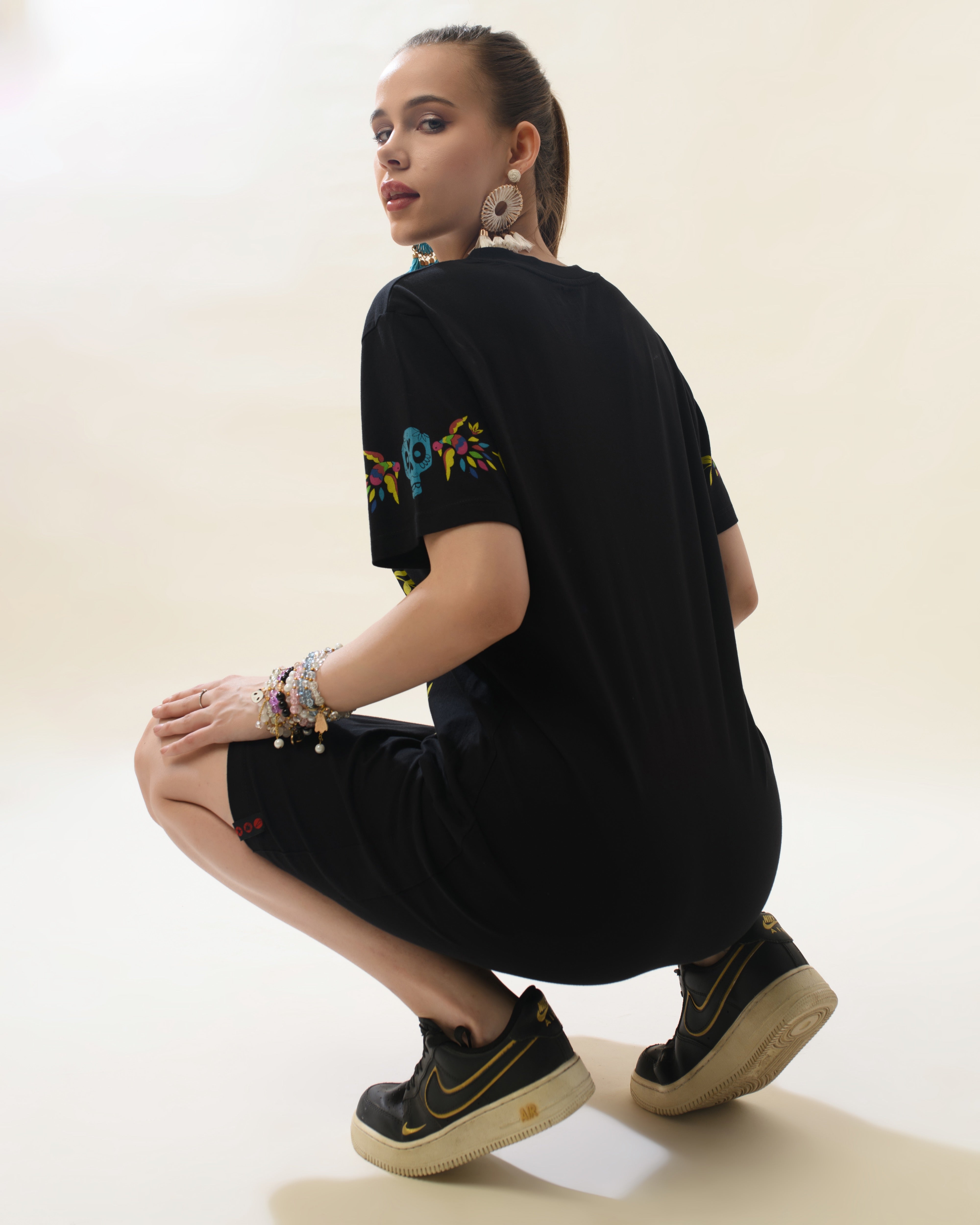 Women Black Cotton Round Neck Dress