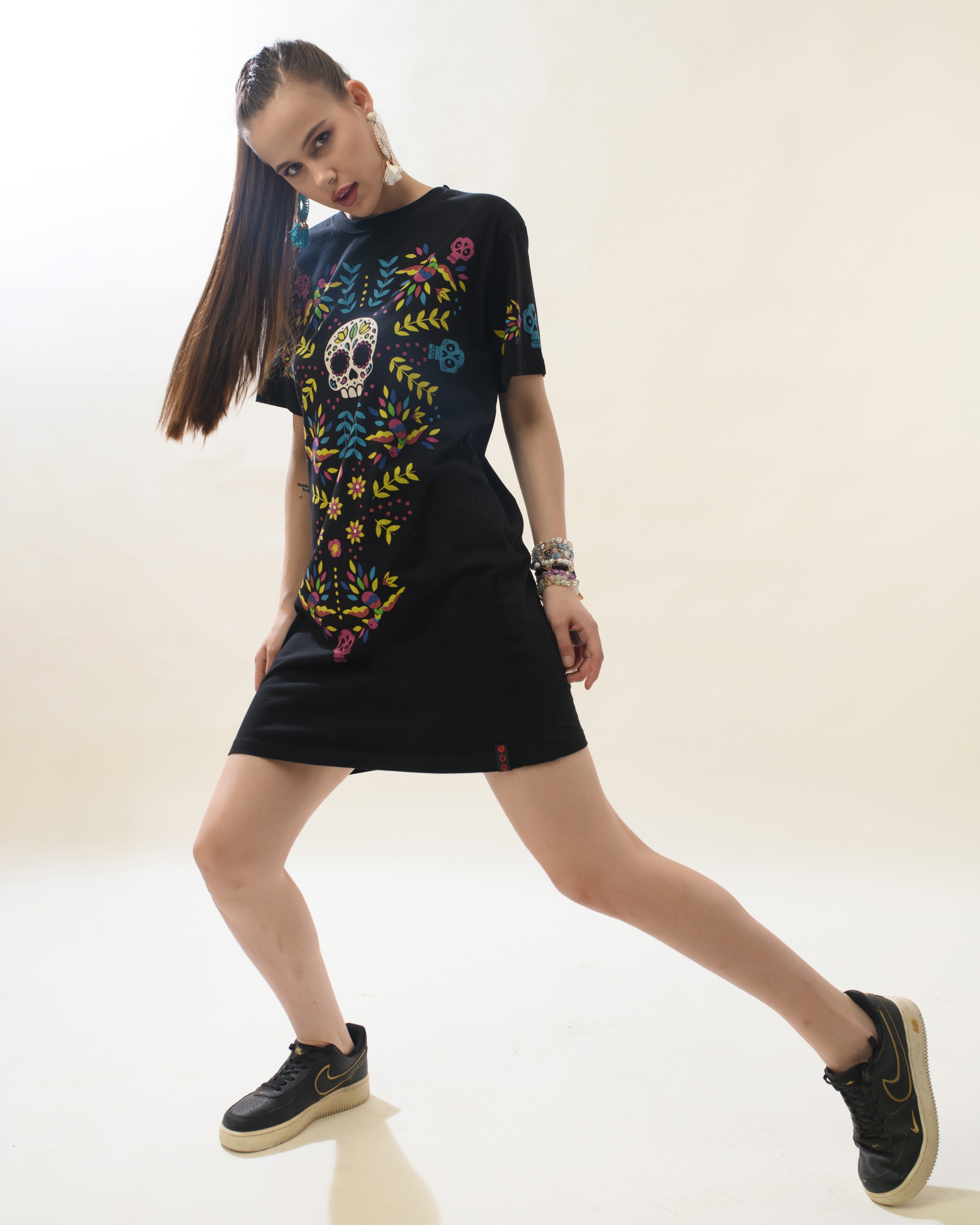 Women Black Cotton Round Neck Dress