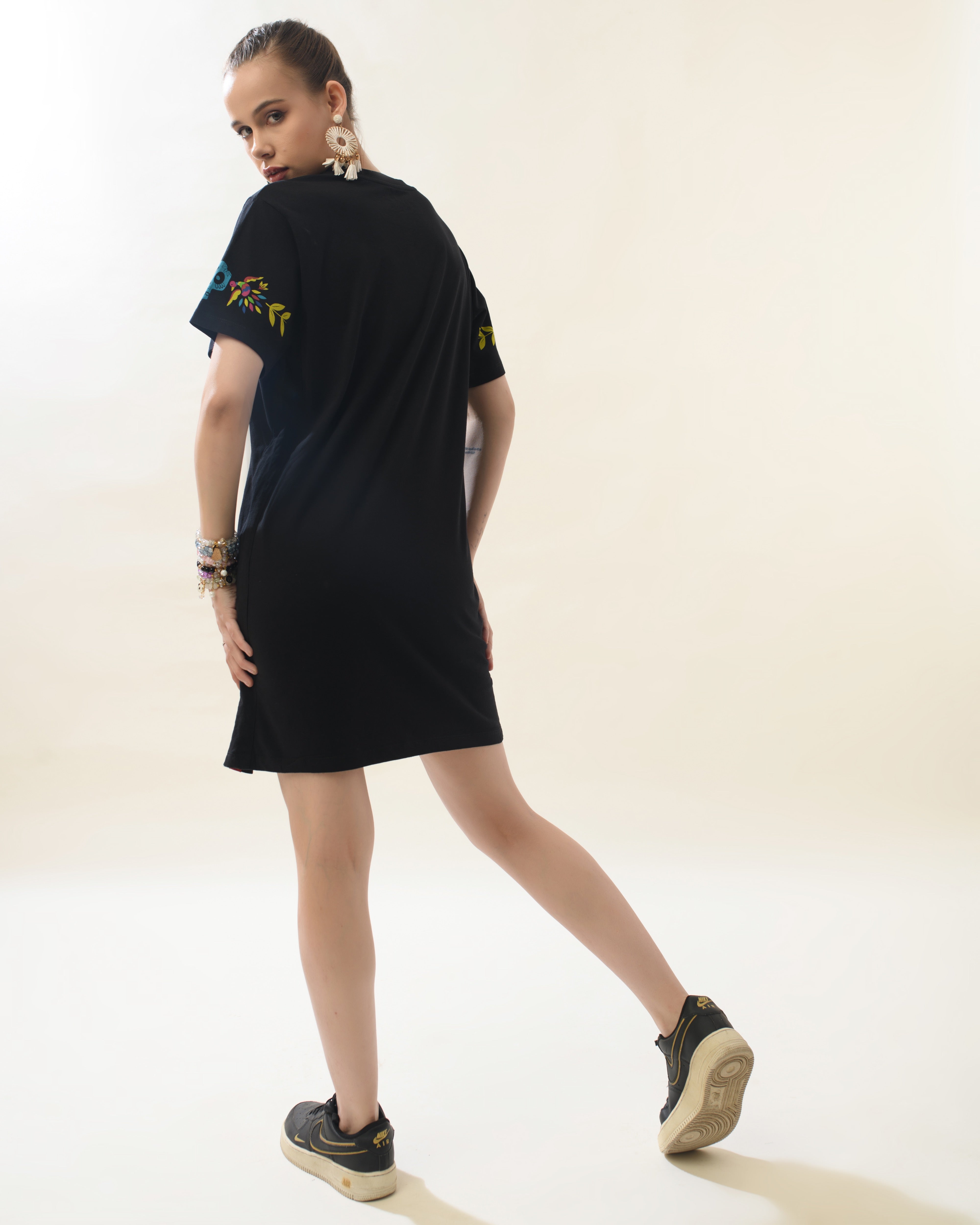 Women Black Cotton Round Neck Dress