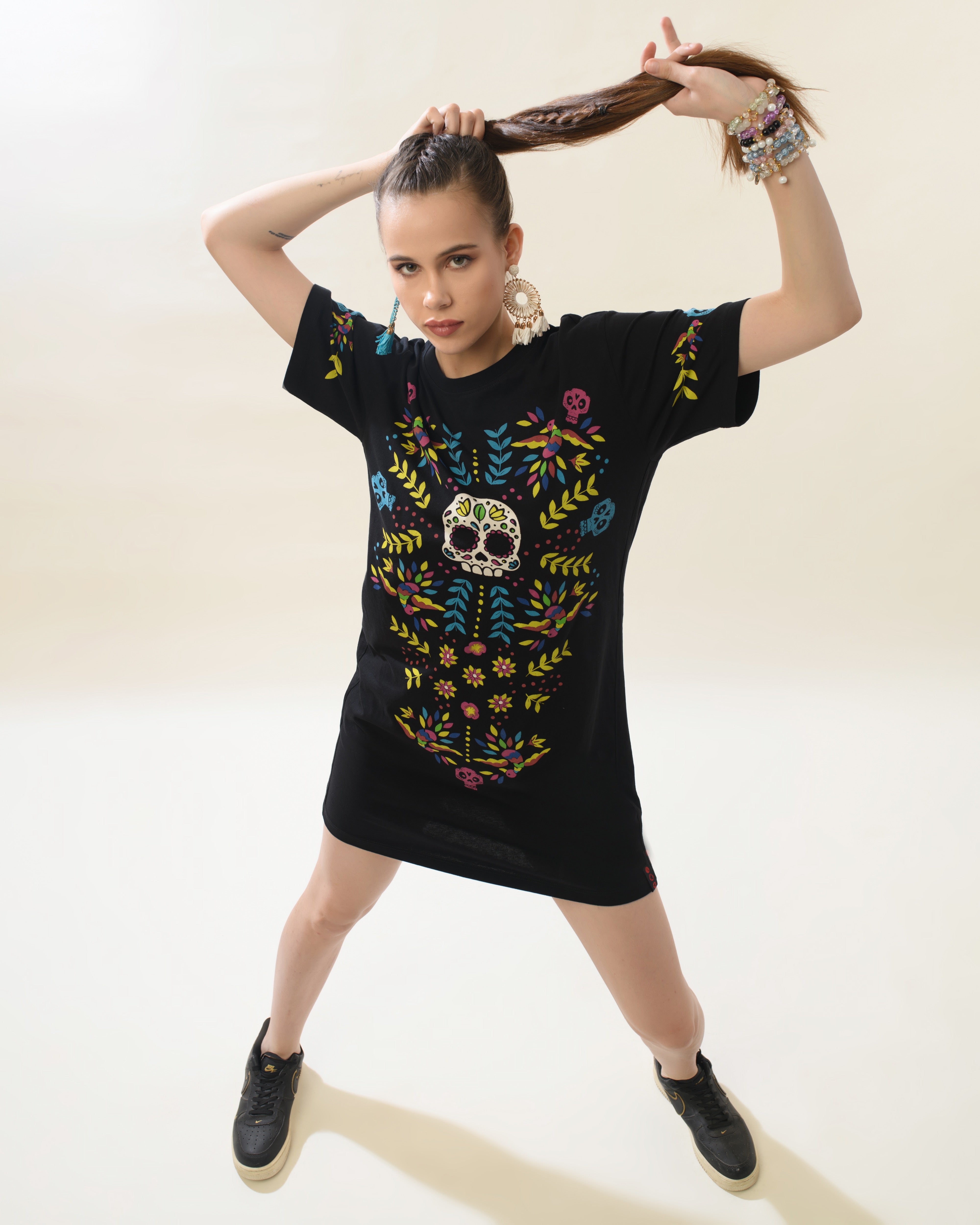 Women Black Cotton Round Neck Dress