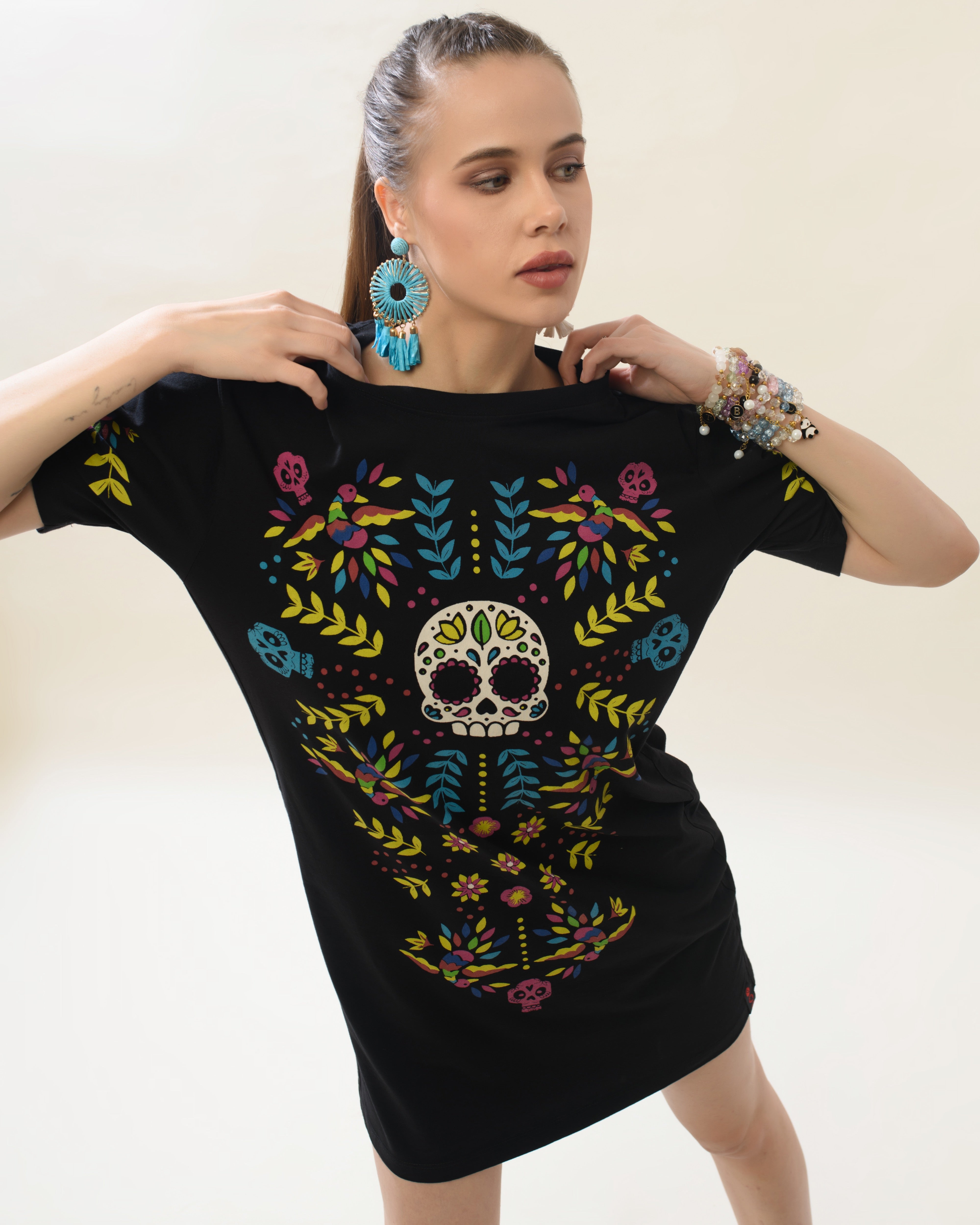 Women Black Cotton Round Neck Dress