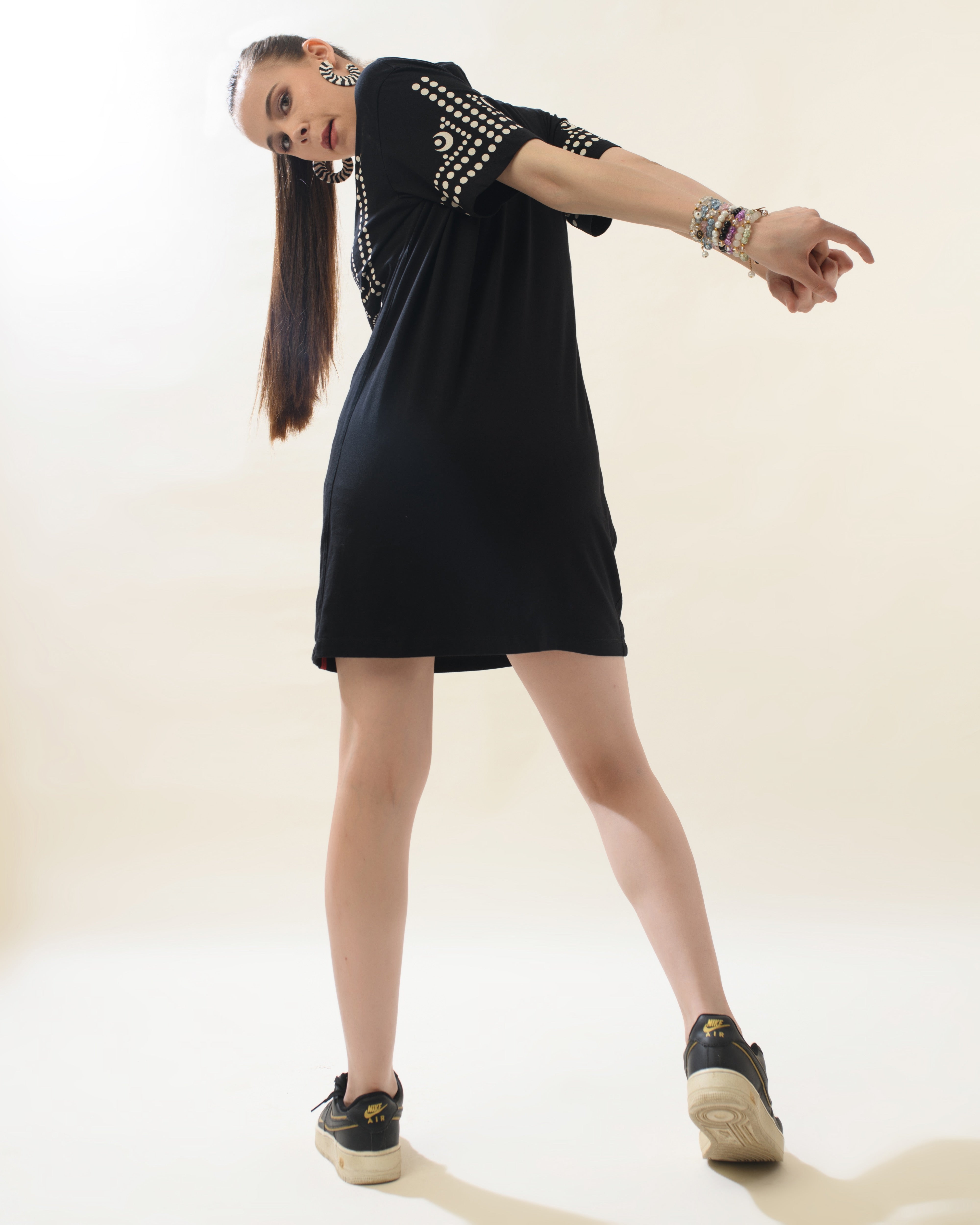 Women Black Cotton Round Neck Dress