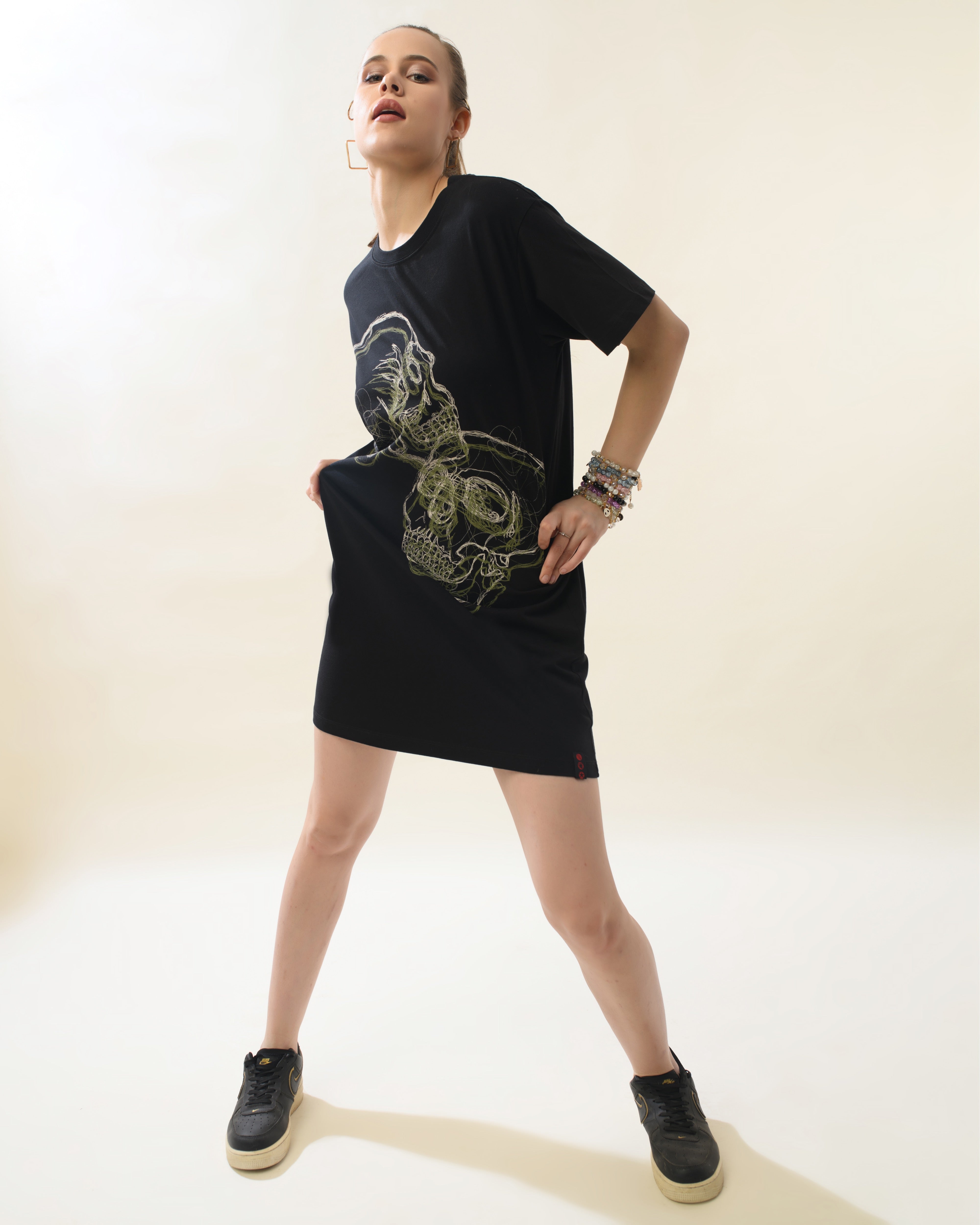 Women Black Cotton Round Neck Dress