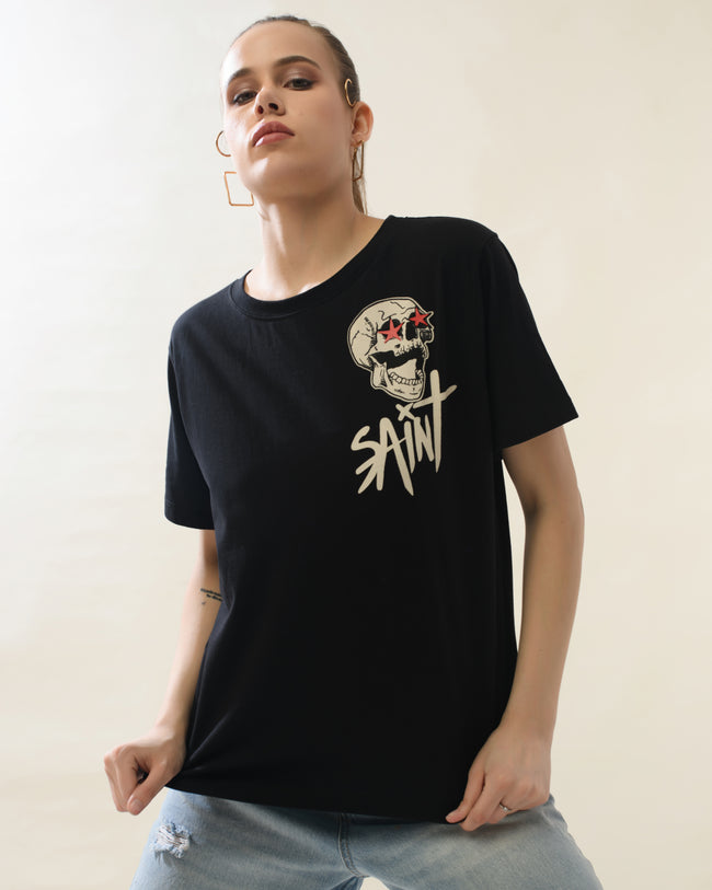 Women Black Cotton Relaxed T-Shirt