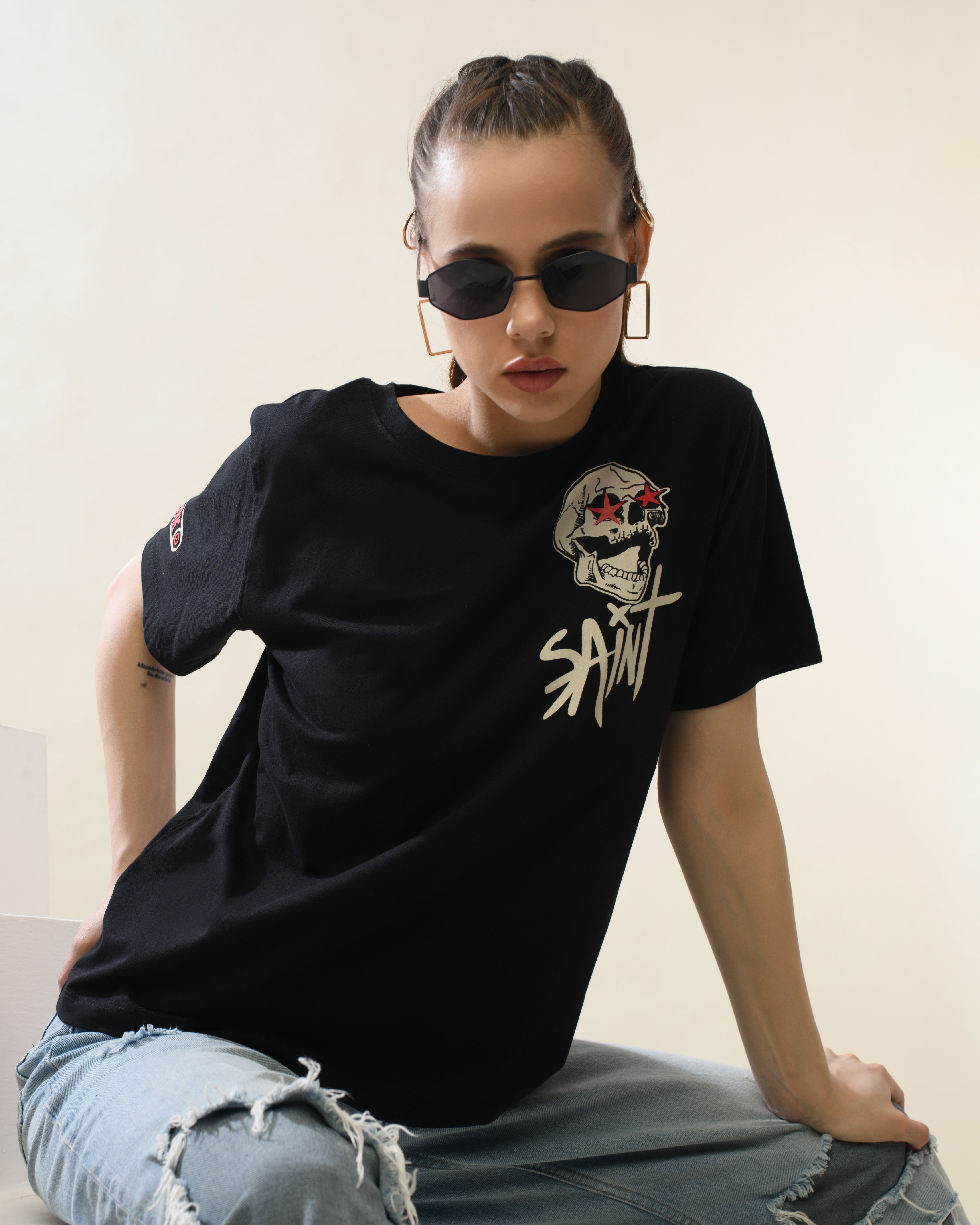 Women Black Cotton Relaxed T-Shirt