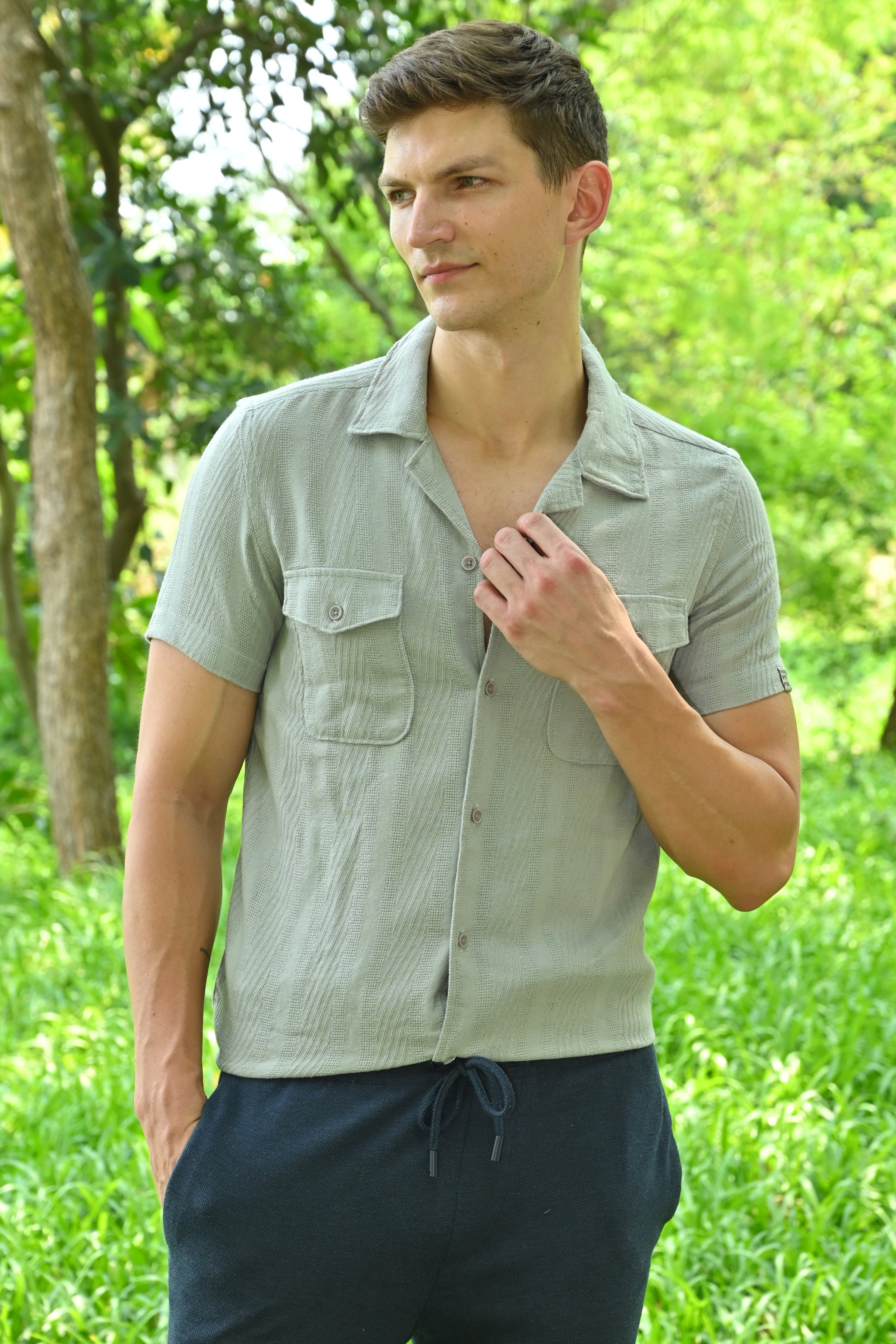 Men Walker Structured Pocketed Plain Shirt Grey