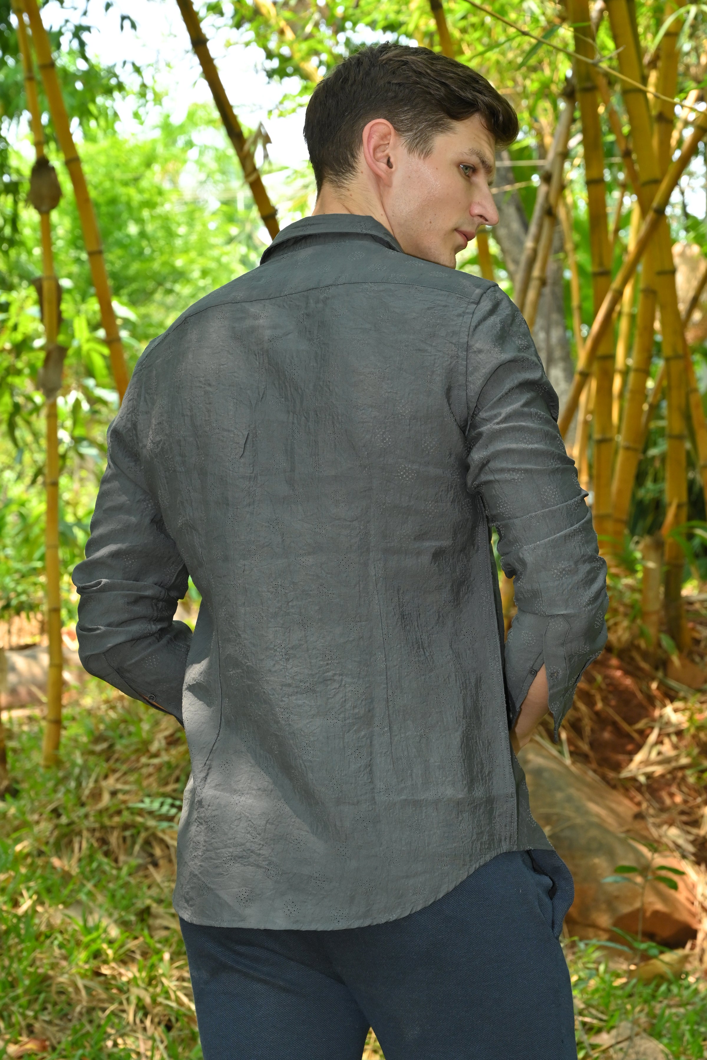 Men Ashly Cotton Blend Crotchet Shirt Olive