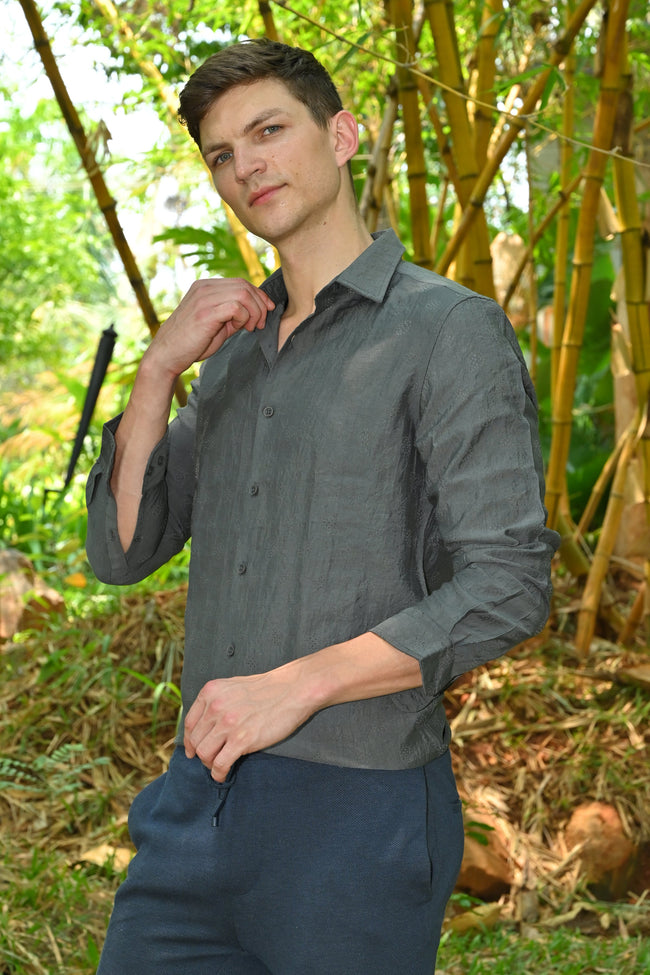 Men Ashly Cotton Blend Crotchet Shirt Olive