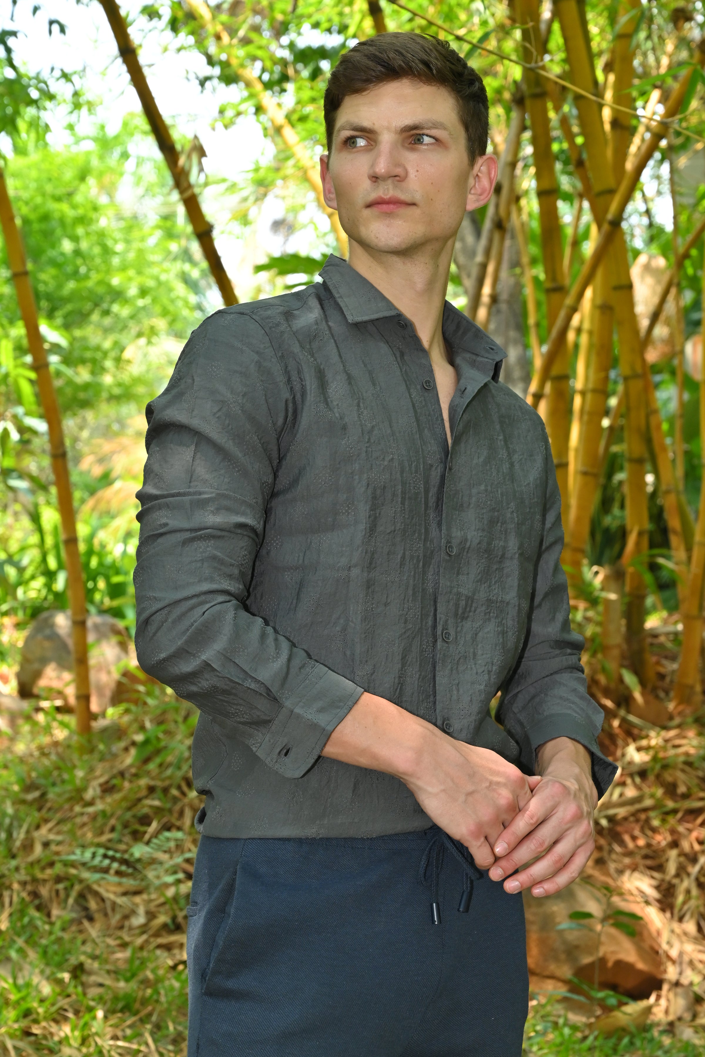 Men Ashly Cotton Blend Crotchet Shirt Olive