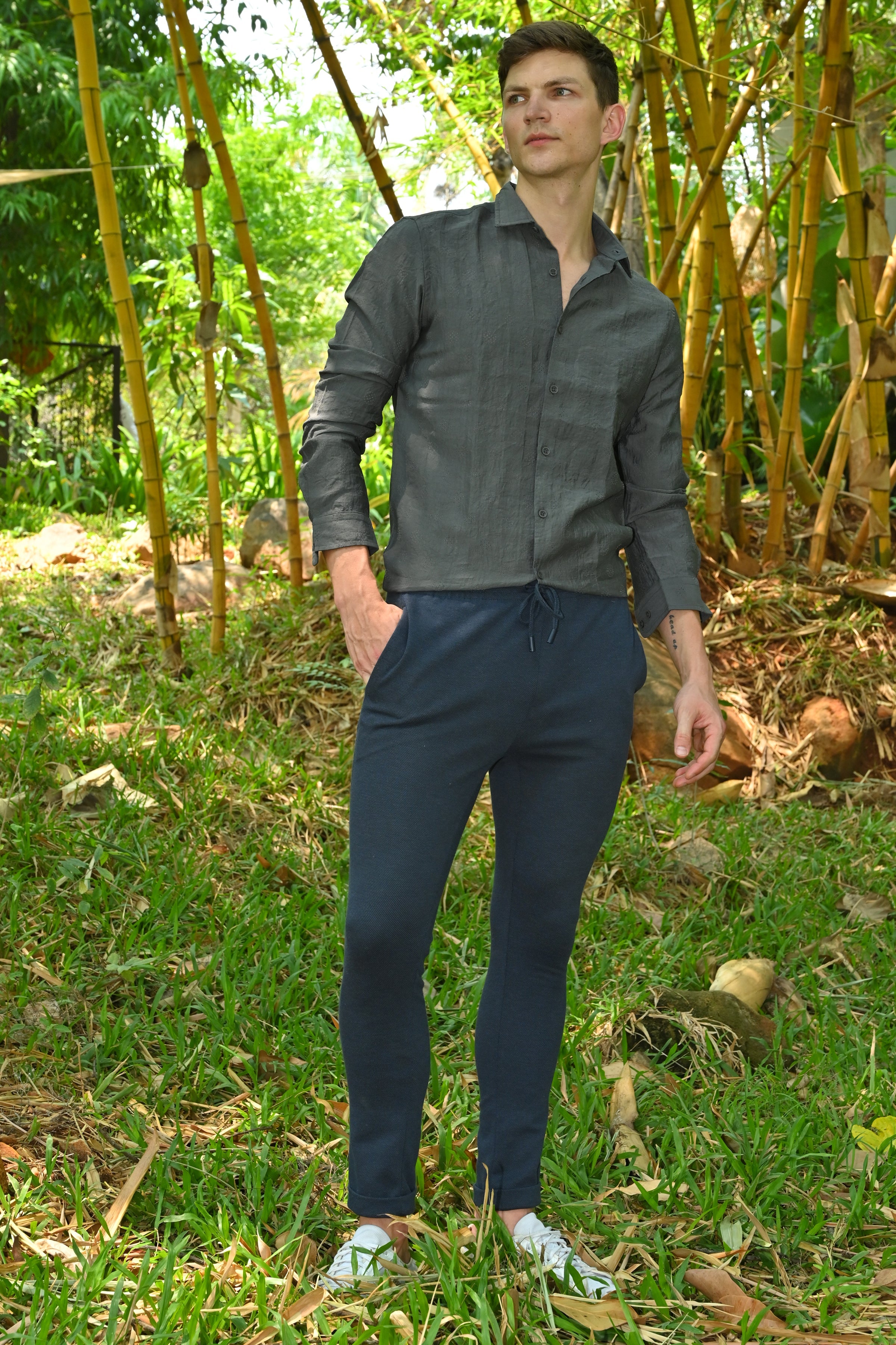 Men Ashly Cotton Blend Crotchet Shirt Olive