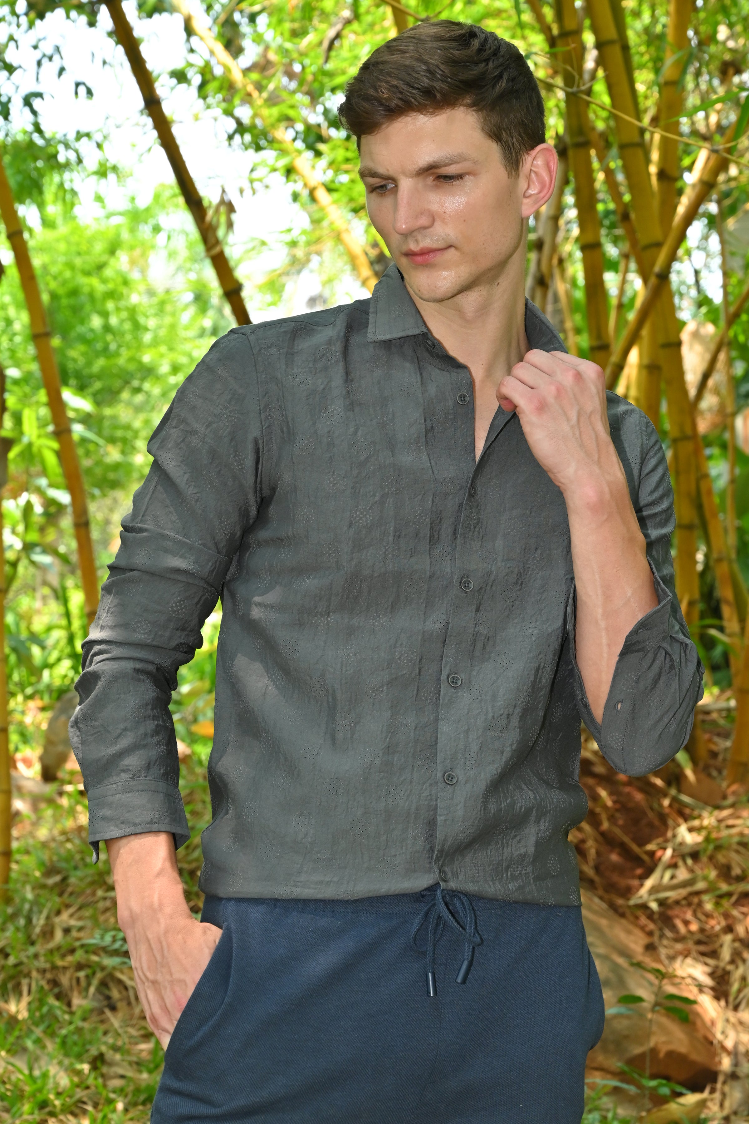 Men Ashly Cotton Blend Crotchet Shirt Olive