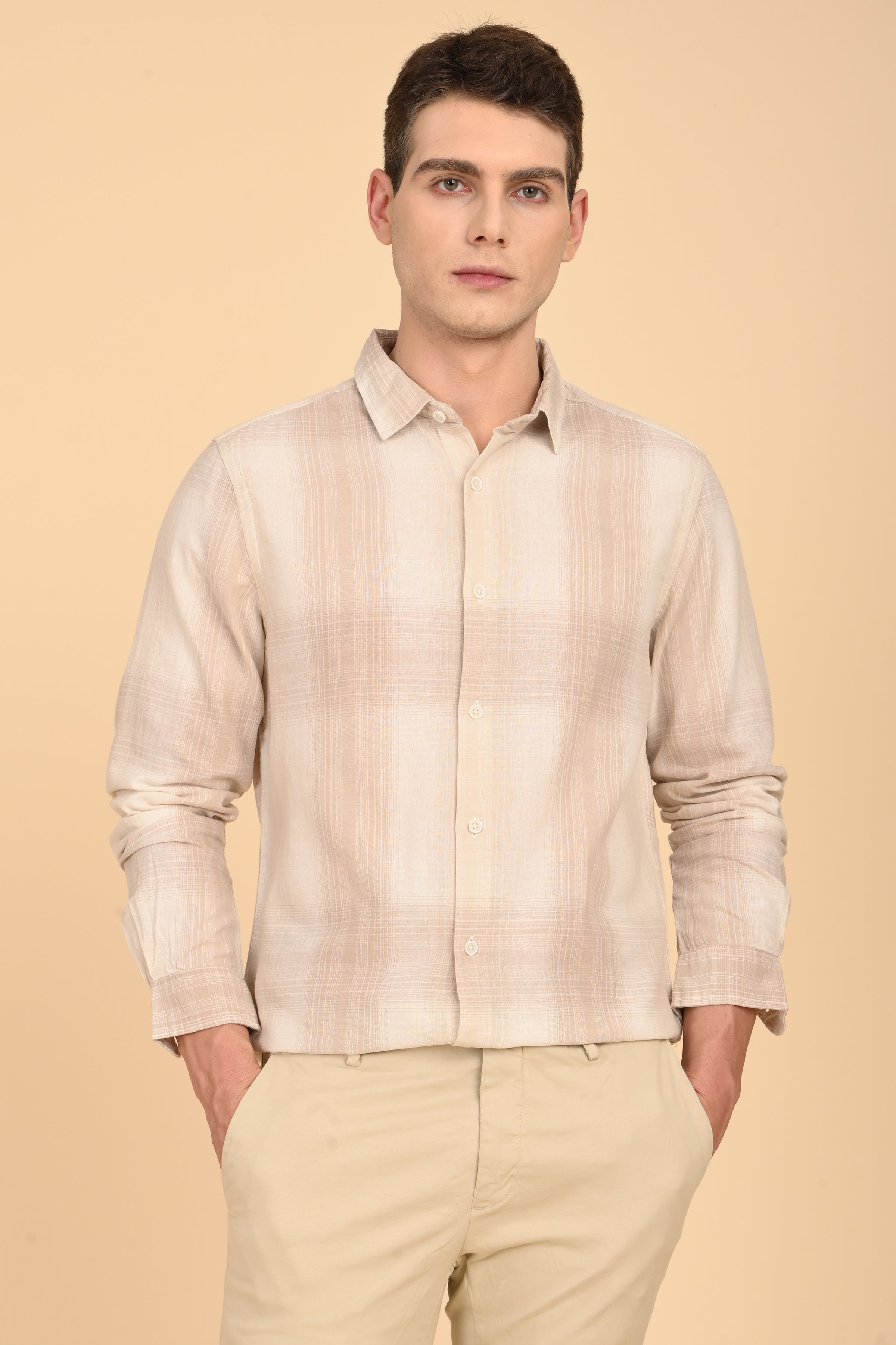 Men Howard Cotton Linen Check Shirt Beige