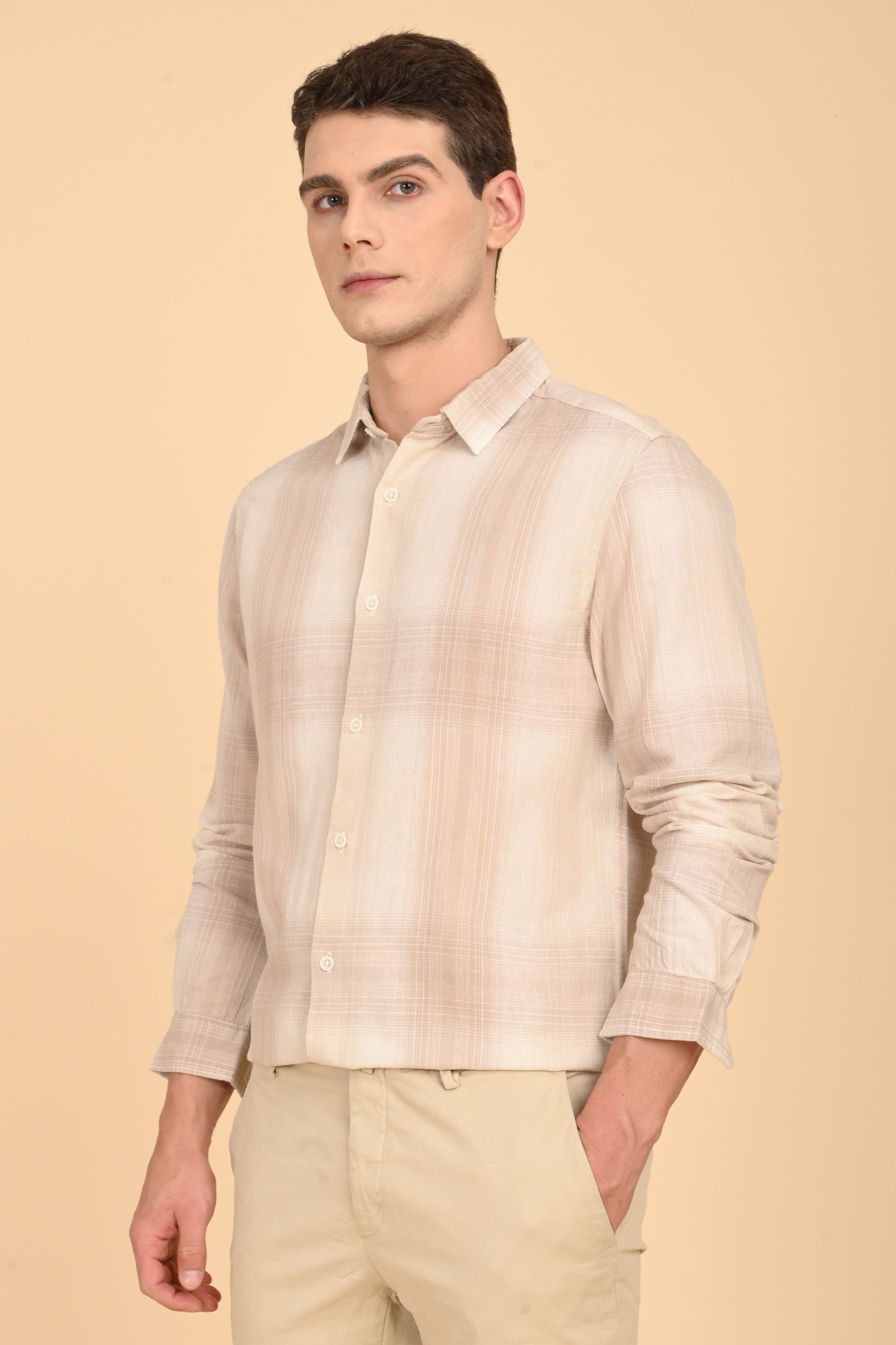 Men Howard Cotton Linen Check Shirt Beige