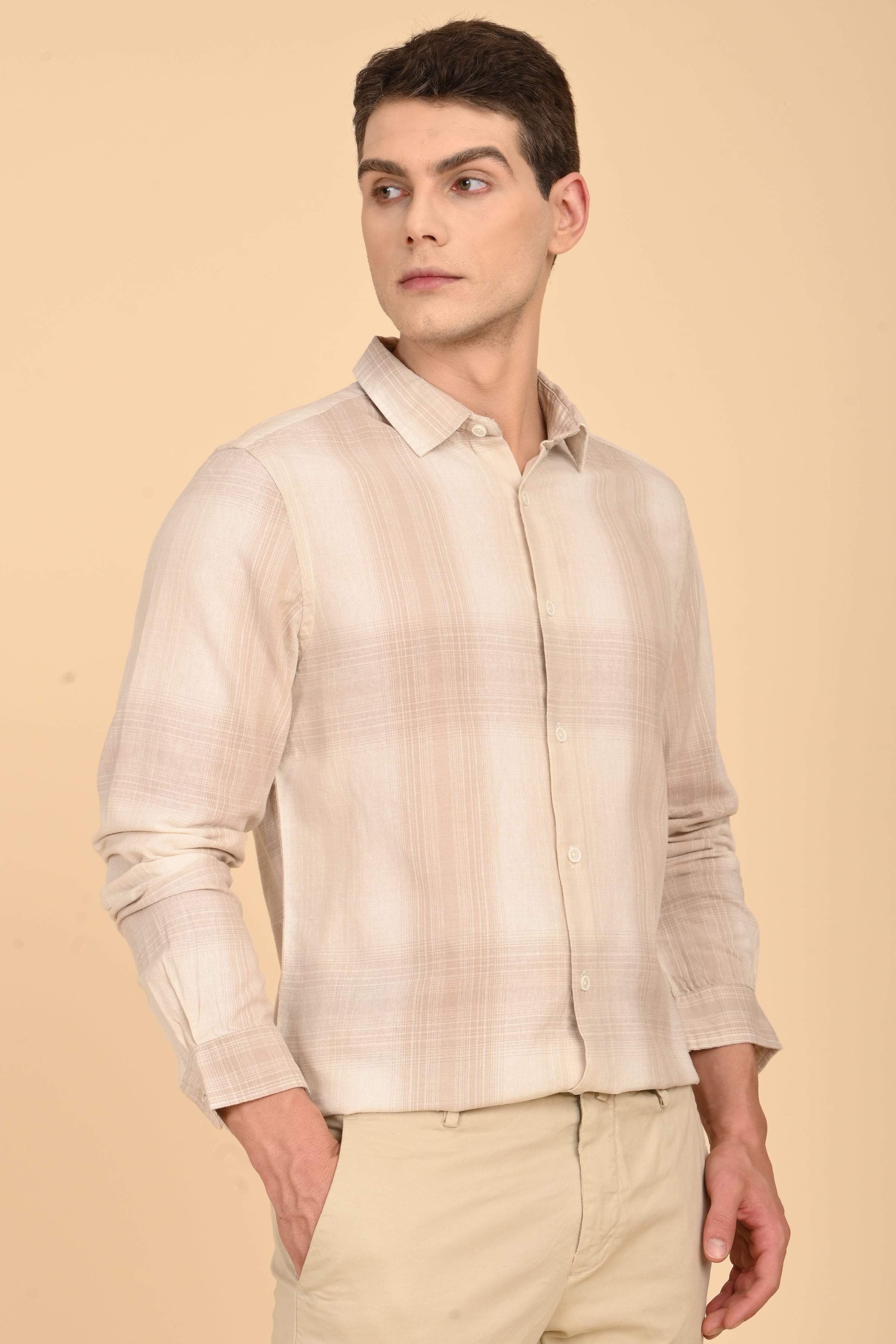 Men Howard Cotton Linen Check Shirt Beige