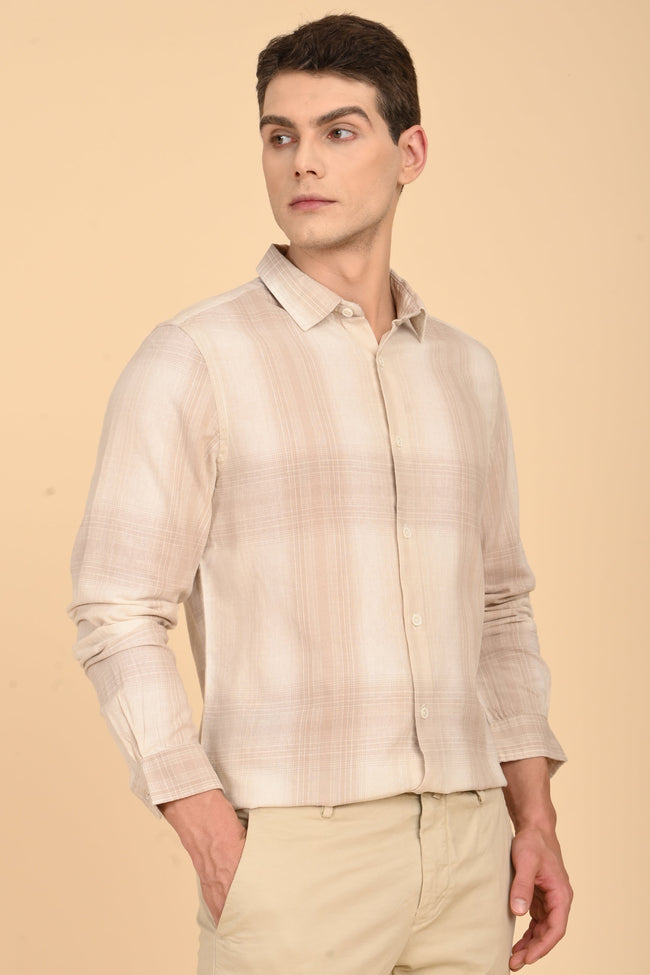 Men Howard Cotton Linen Check Shirt Beige
