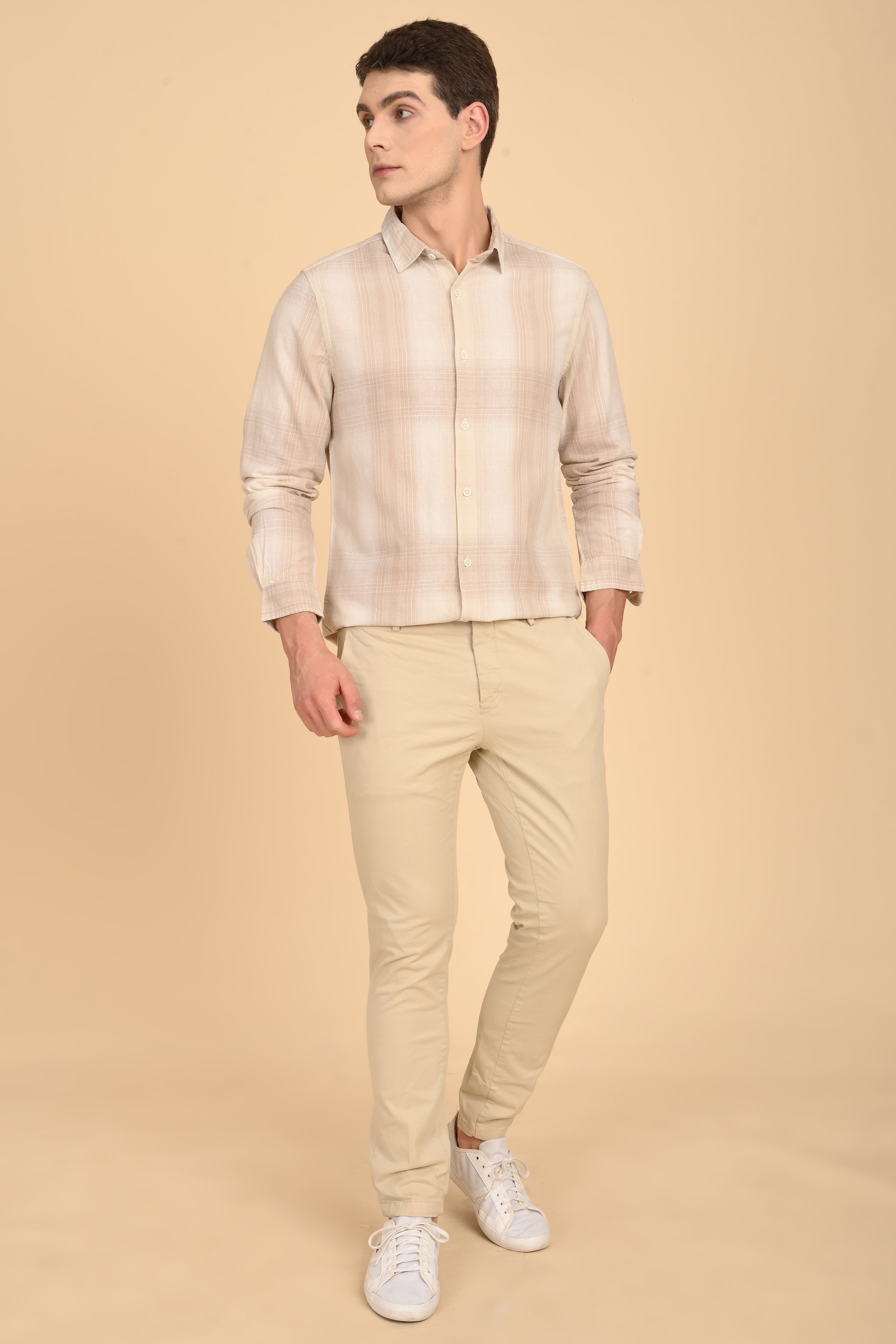 Men Howard Cotton Linen Check Shirt Beige