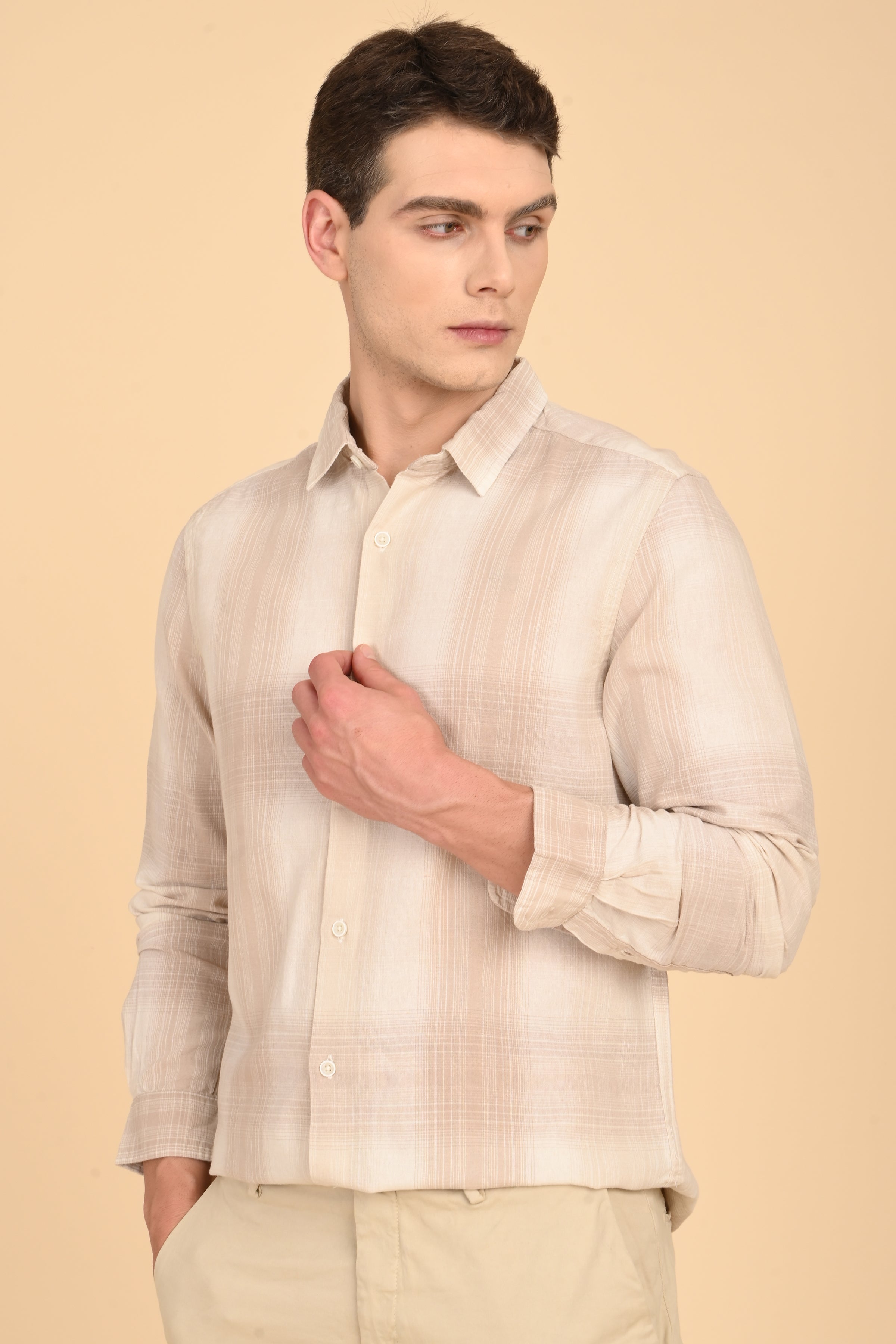 Men Howard Cotton Linen Check Shirt Beige