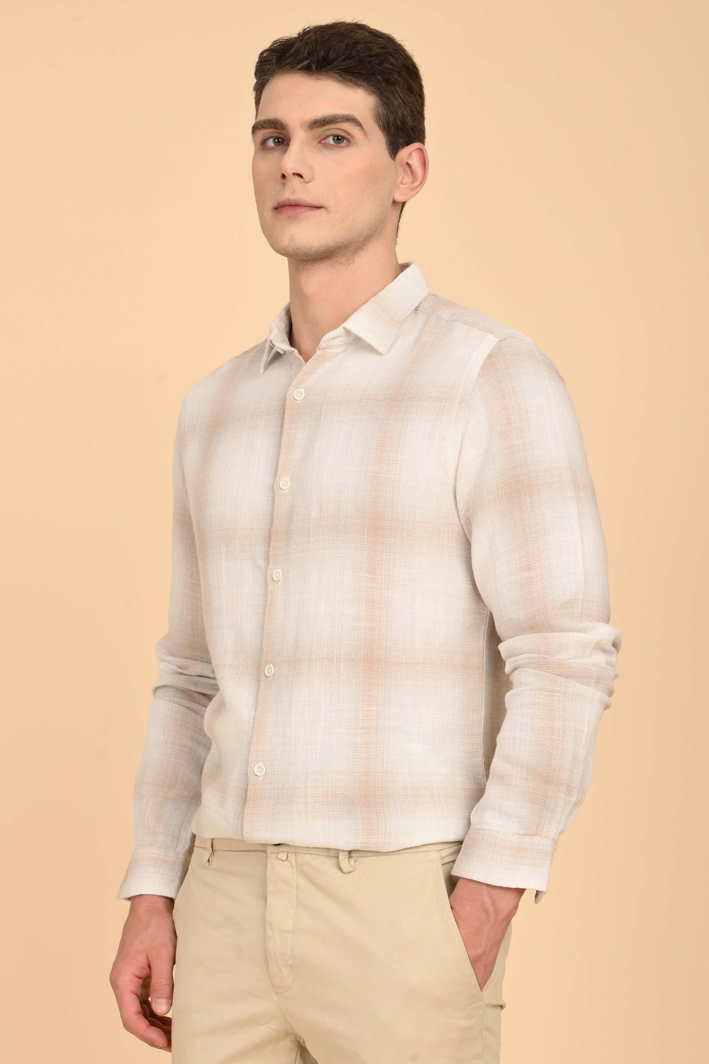 Men Calvin Dobby Slub Check Shirt Beige