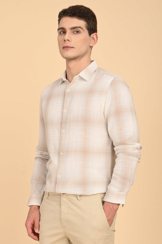 Men Calvin Dobby Slub Check Shirt Beige