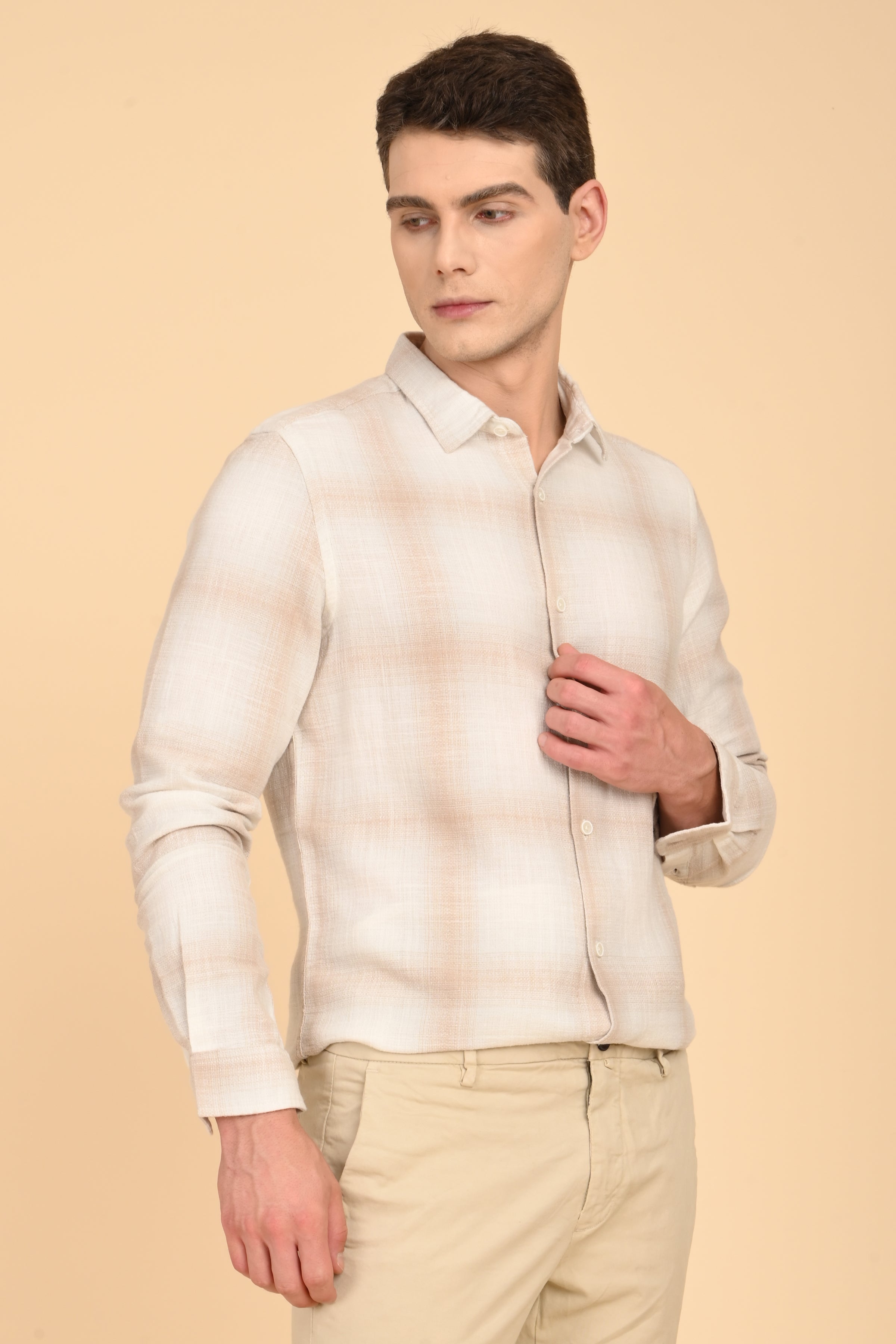Men Calvin Dobby Slub Check Shirt Beige