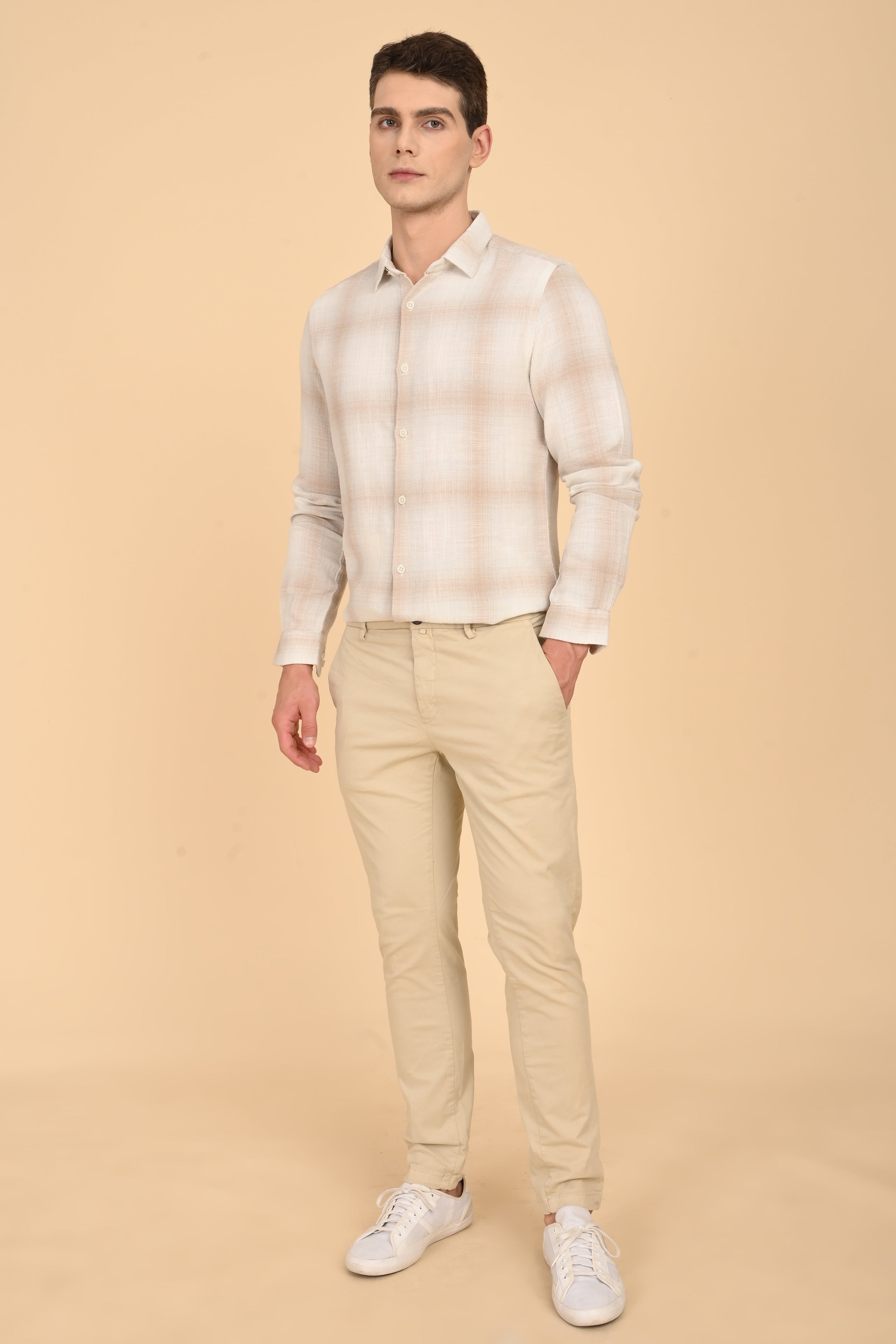 Men Calvin Dobby Slub Check Shirt Beige