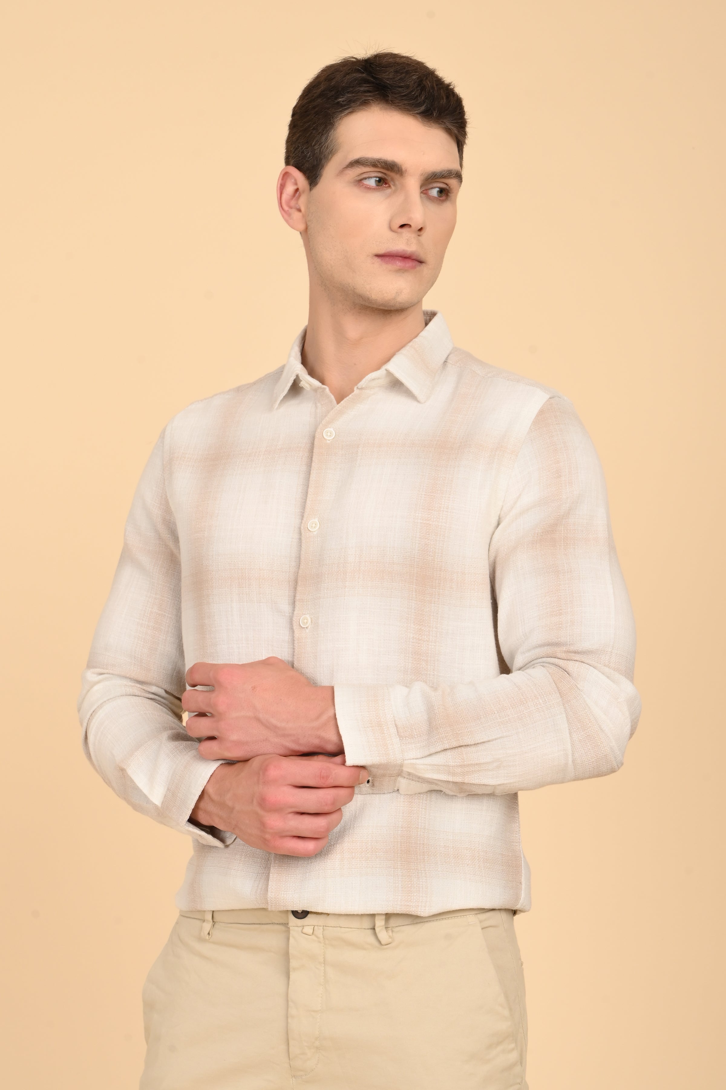 Men Calvin Dobby Slub Check Shirt Beige