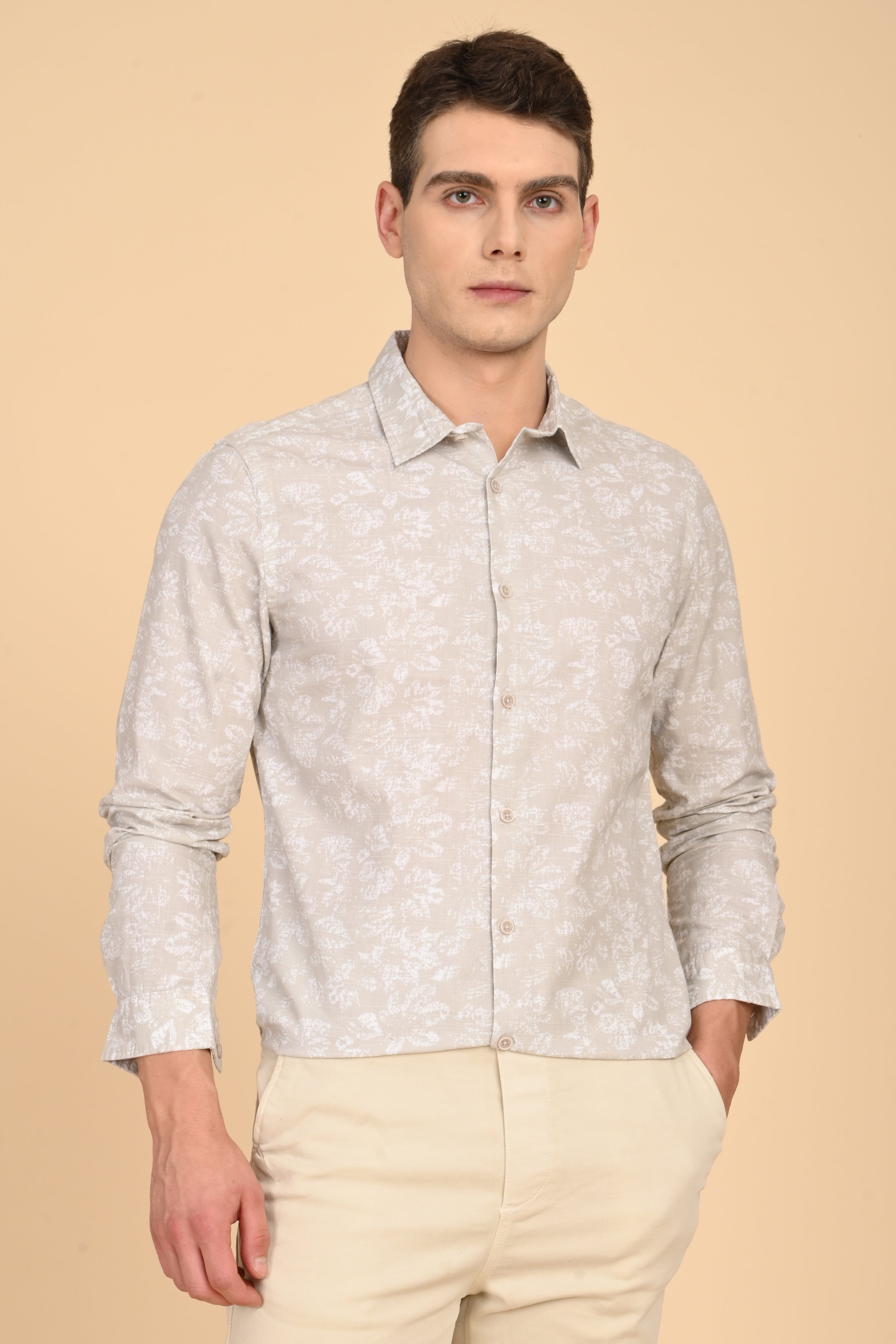 Men Mitchell Cotton Linen Printed Shirt Beige