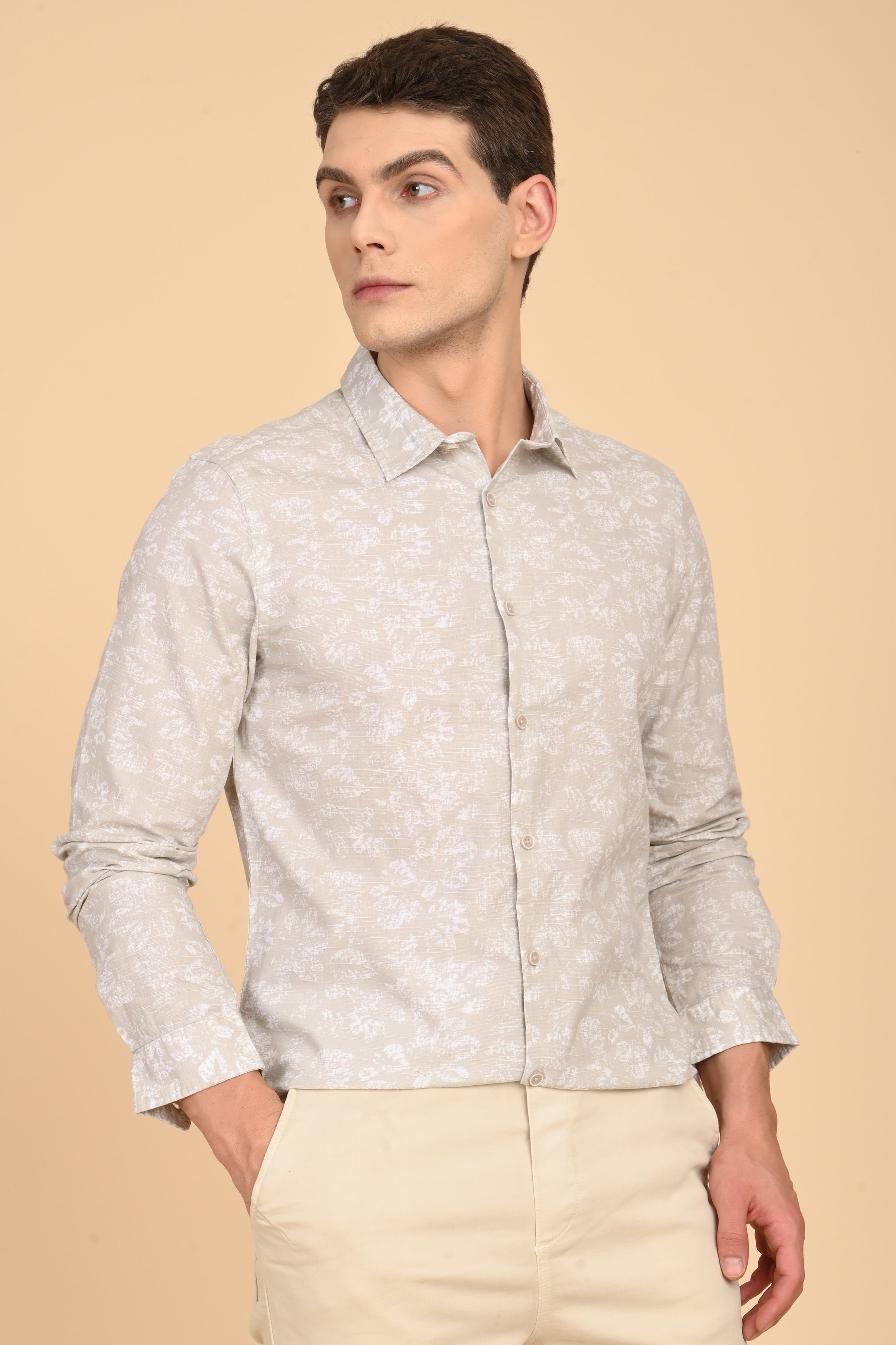 Men Mitchell Cotton Linen Printed Shirt Beige