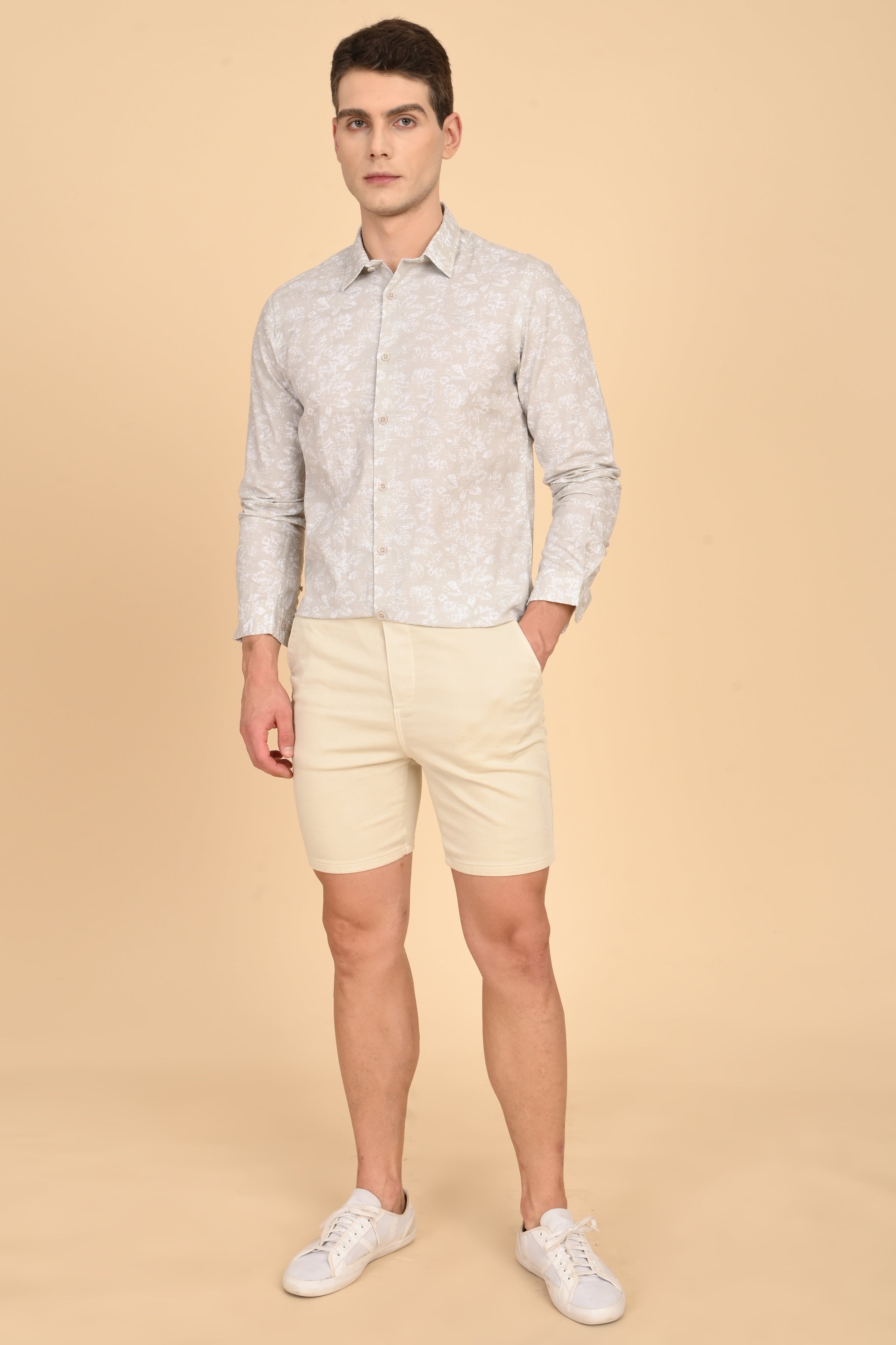Men Mitchell Cotton Linen Printed Shirt Beige